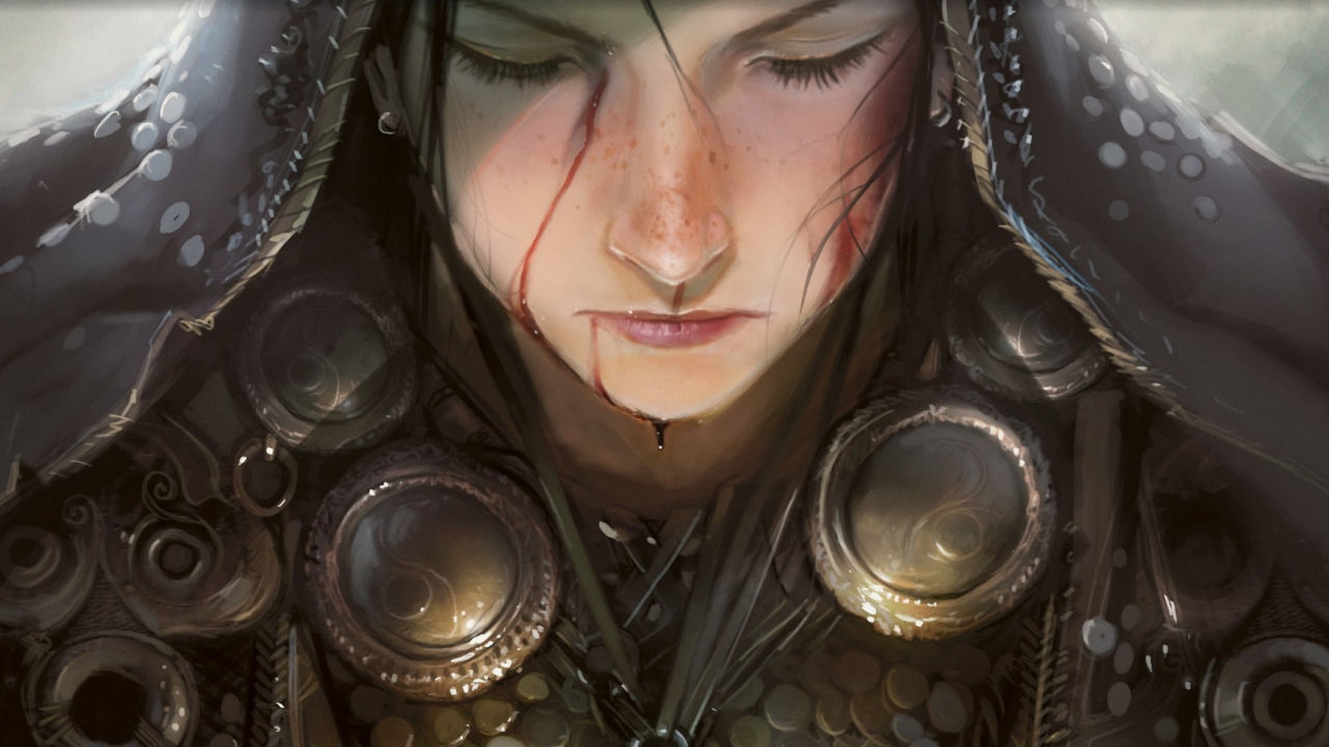 face, warrior, 1080P, fantasy art, fantasy girl, closed eyes, Magic: The Gathering, blood, HD Wallpaper