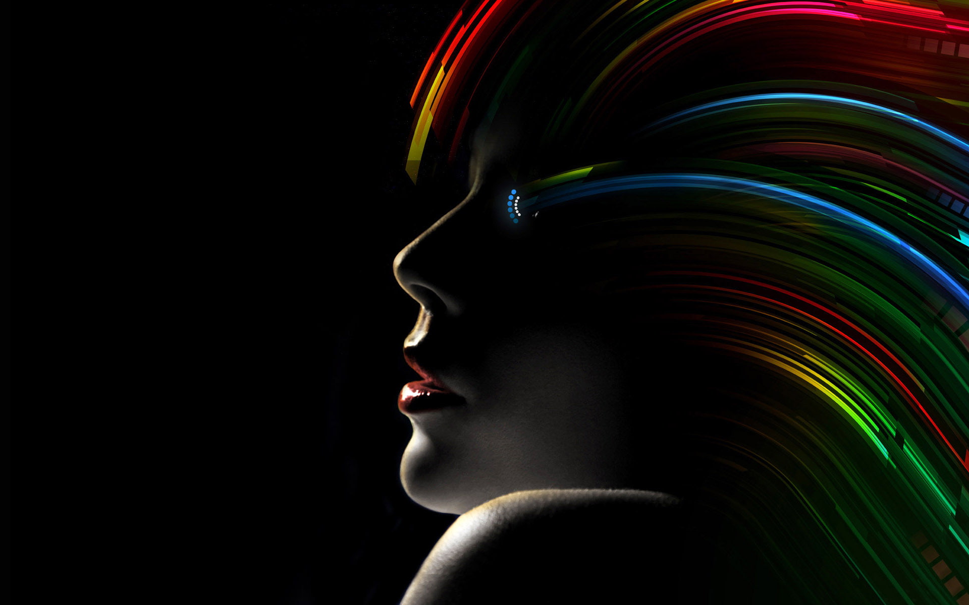abstract, red lipstick, red, green, blue, black background, digital art, photo manipulation, shapes, 1080P, Wonder Woman, dark, face, women, lipstick, HD Wallpaper