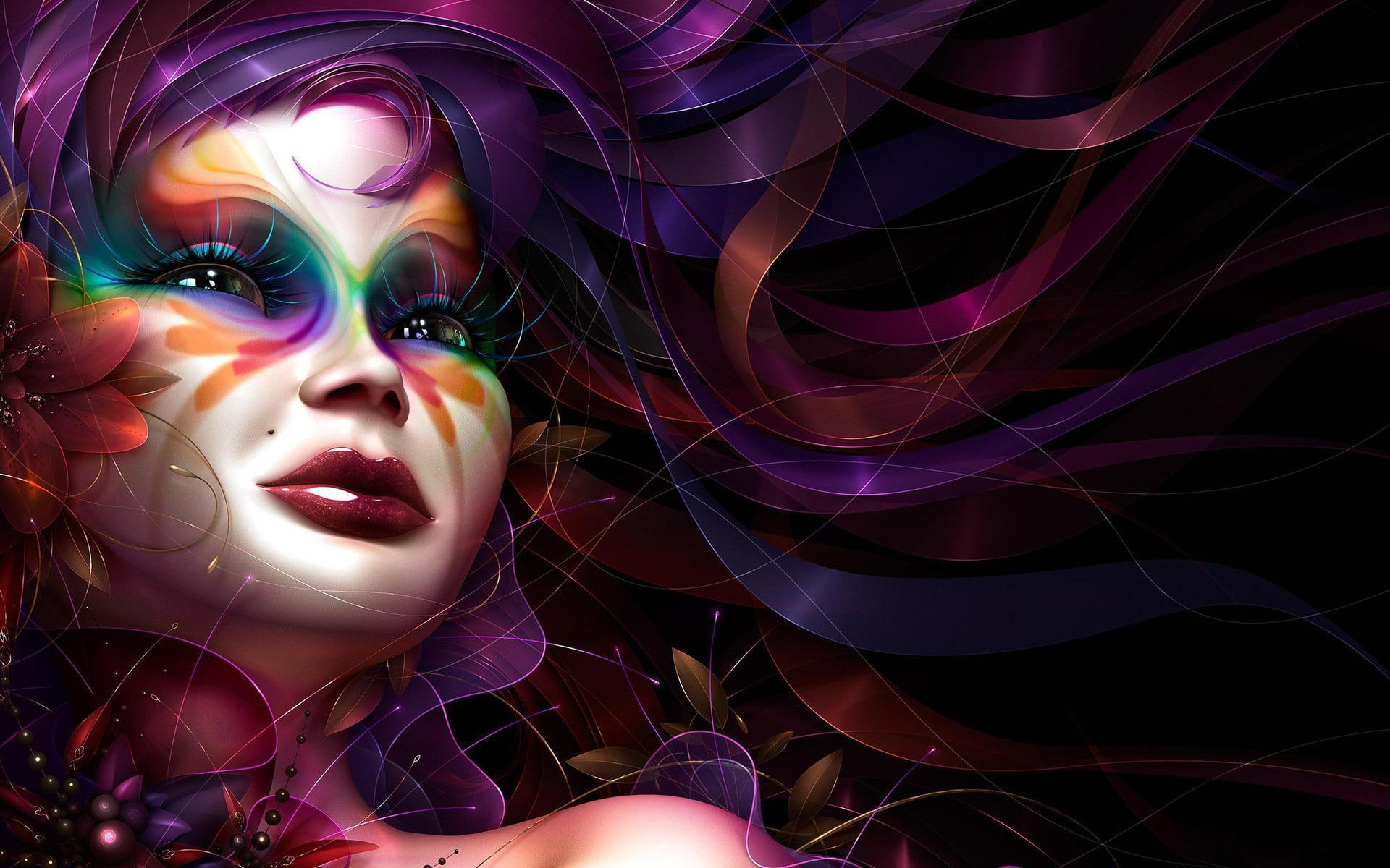 abstract, 3d and abstract, 1080P, makeup, colorful, girl, fantasy, face, floral, HD Wallpaper