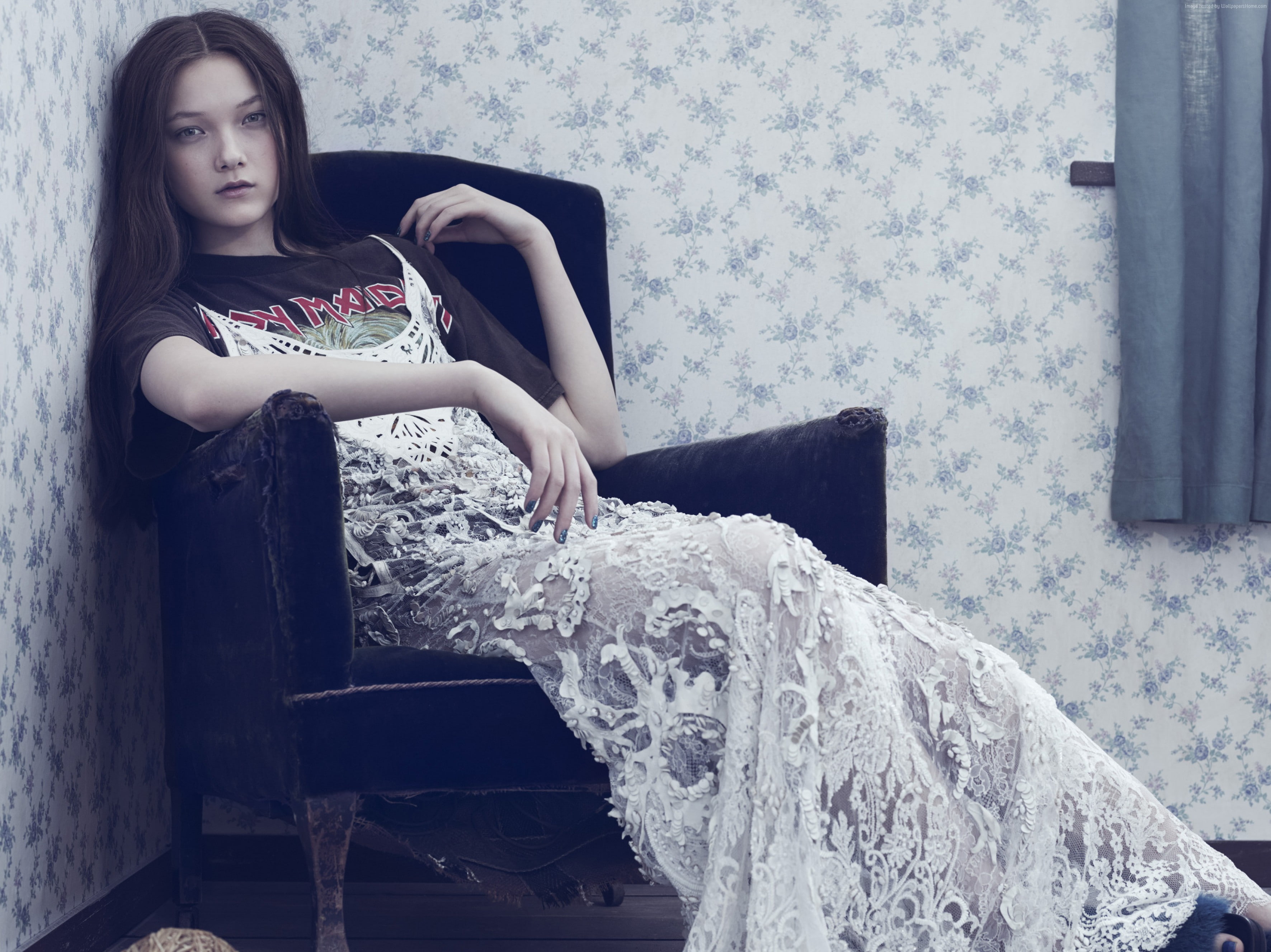 Top Fashion Models 2015, beautiful woman, Yumi Lambert, portrait, beauty, young adult, home interior, sitting, hairstyle, looking at camera, full length, HD Wallpaper
