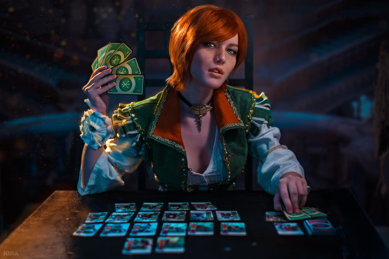 photography, Lada Lyumos, The Witcher 3, freckles, short hair, frontal view, Gwent, 720P, playing cards, open mouth, The Witcher 3: Wild Hunt – Hearts of Stone, HD Wallpaper