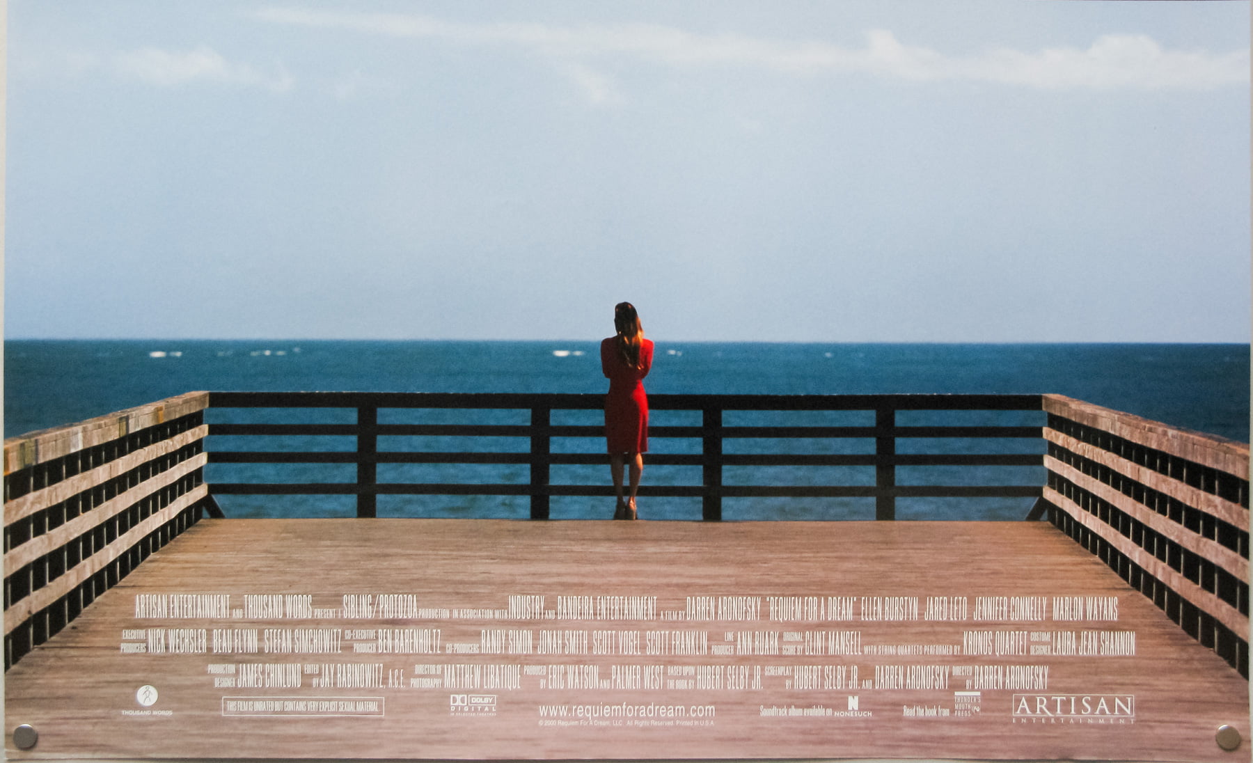 sea, movie poster, Requiem for a Dream, pier, 720P, red dress, Jennifer Connelly, HD Wallpaper