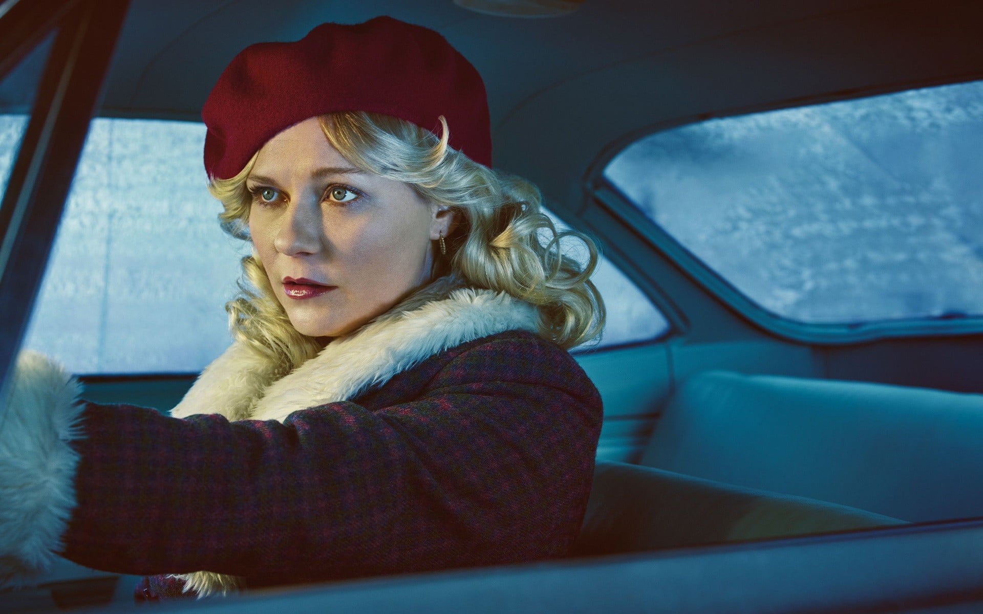 hat, outdoors, blond hair, blue eyes, red lipstick, actress, hair, car, contemplation, vehicle interior, transportation, mode of transportation, sitting, HD Wallpaper