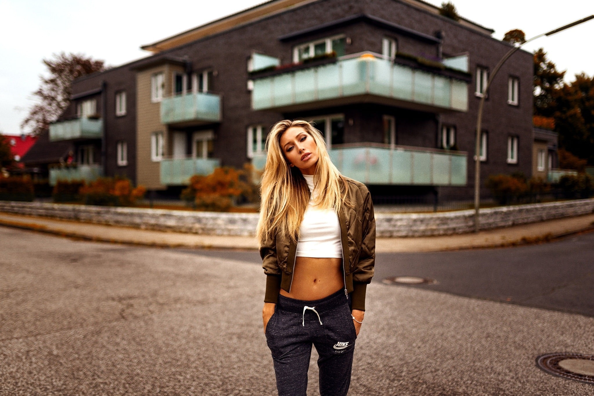 sweater, street, women, belly, tanned, built structure, three quarter length, beauty, Just Do It., blonde, hairstyle, day, beautiful woman, casual clothing, HD Wallpaper