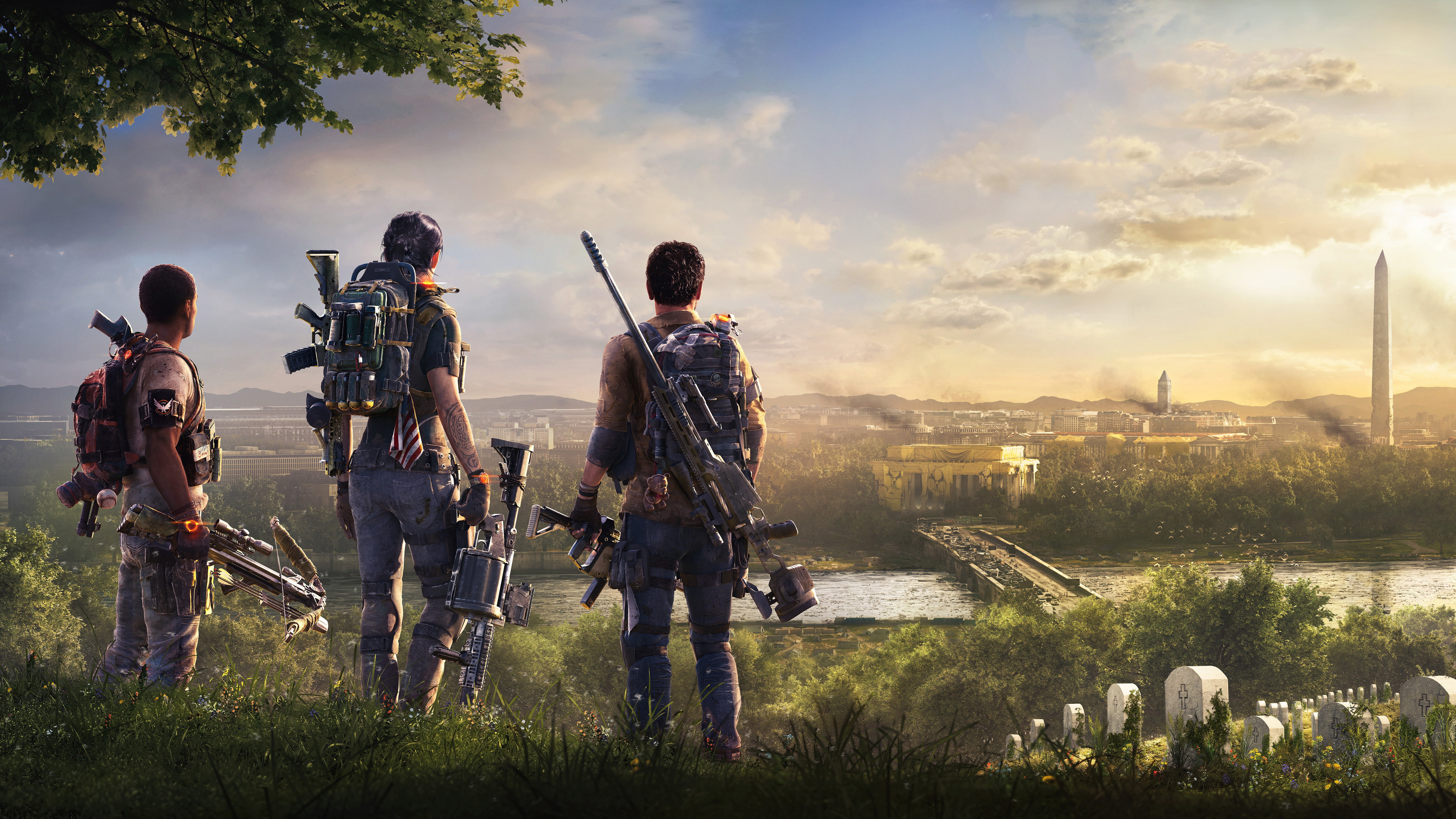 tom clancys the division 2, hd, lifestyles, people, plant, architecture, casual clothing, 5K, 5k, sky, standing, games, real people, cloud - sky, togetherness, HD Wallpaper