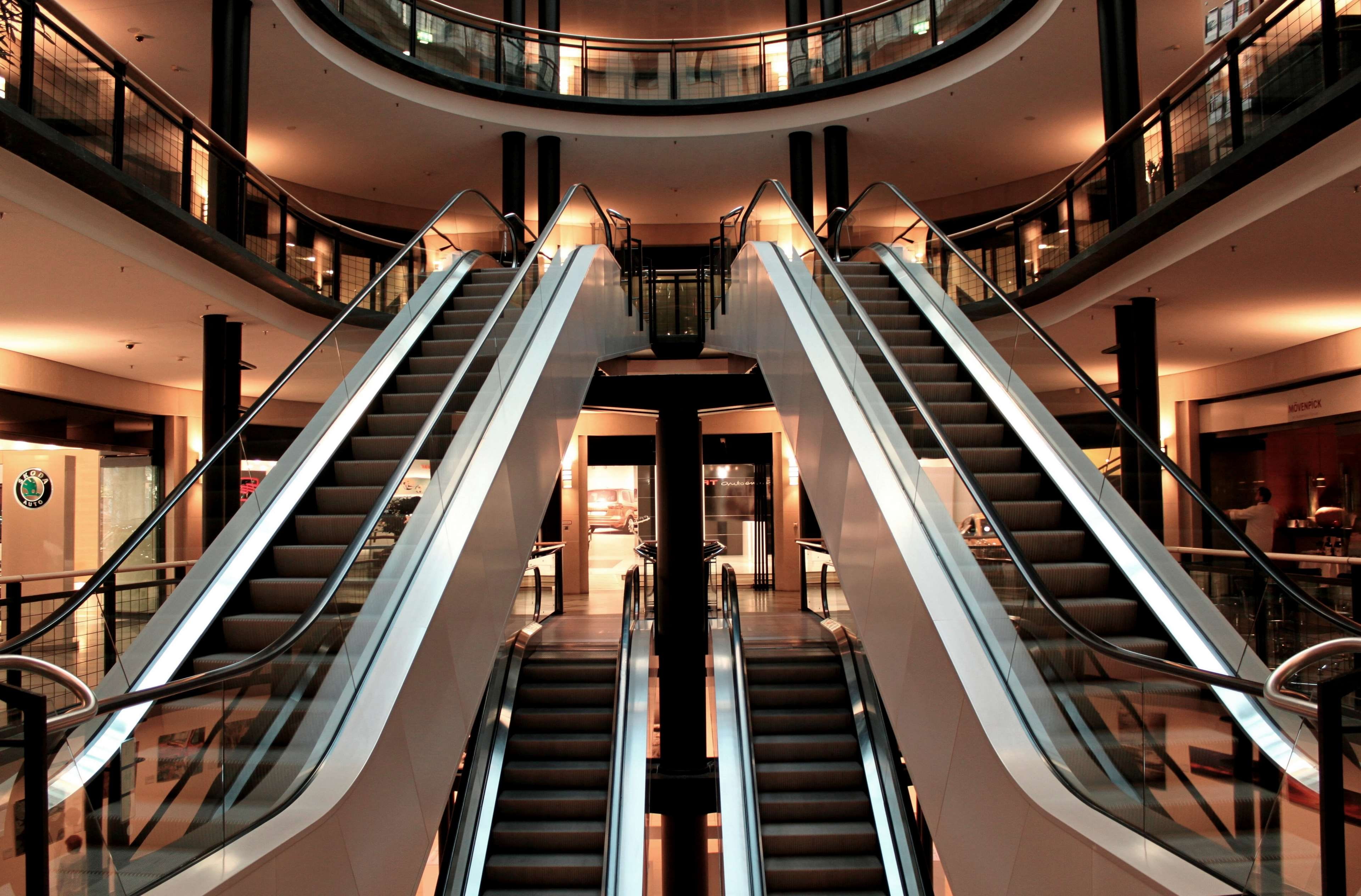 pattern, staircase, 4K, illuminated, convenience, lighting equipment, building, technology, no people, railing, mall, futuristic, architecture, ceiling, HD Wallpaper