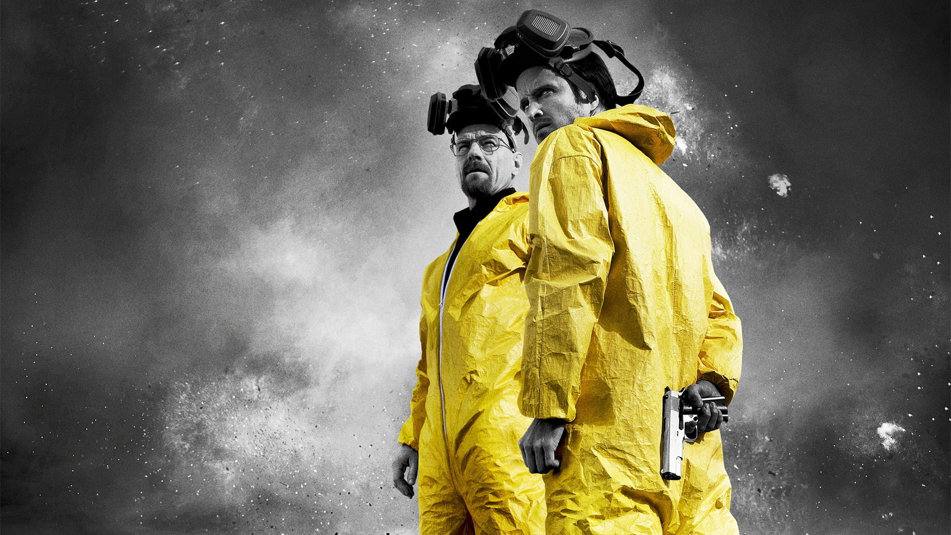 gas masks, Walter White, selective coloring, 1080P, paint splatter, Jesse Pinkman, Breaking Bad, HD Wallpaper
