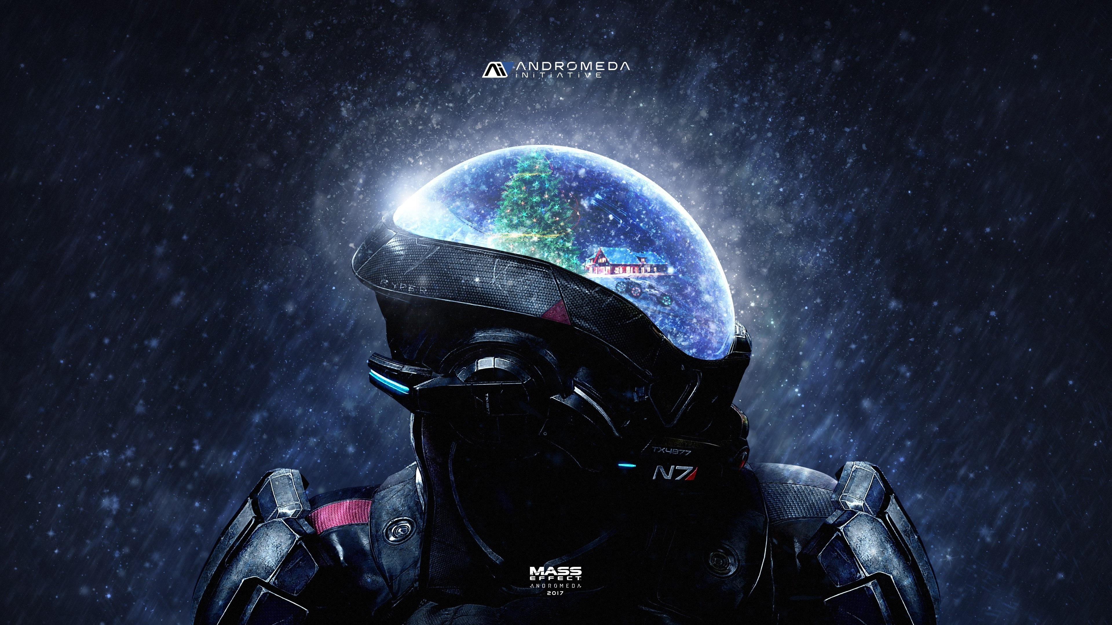 Mass Effect Andromeda, N7, hemet, Andromeda, Amdromeda Initiative, Mass Effect, game, 4K, cristmas, car, snow, soldier, house, HD Wallpaper