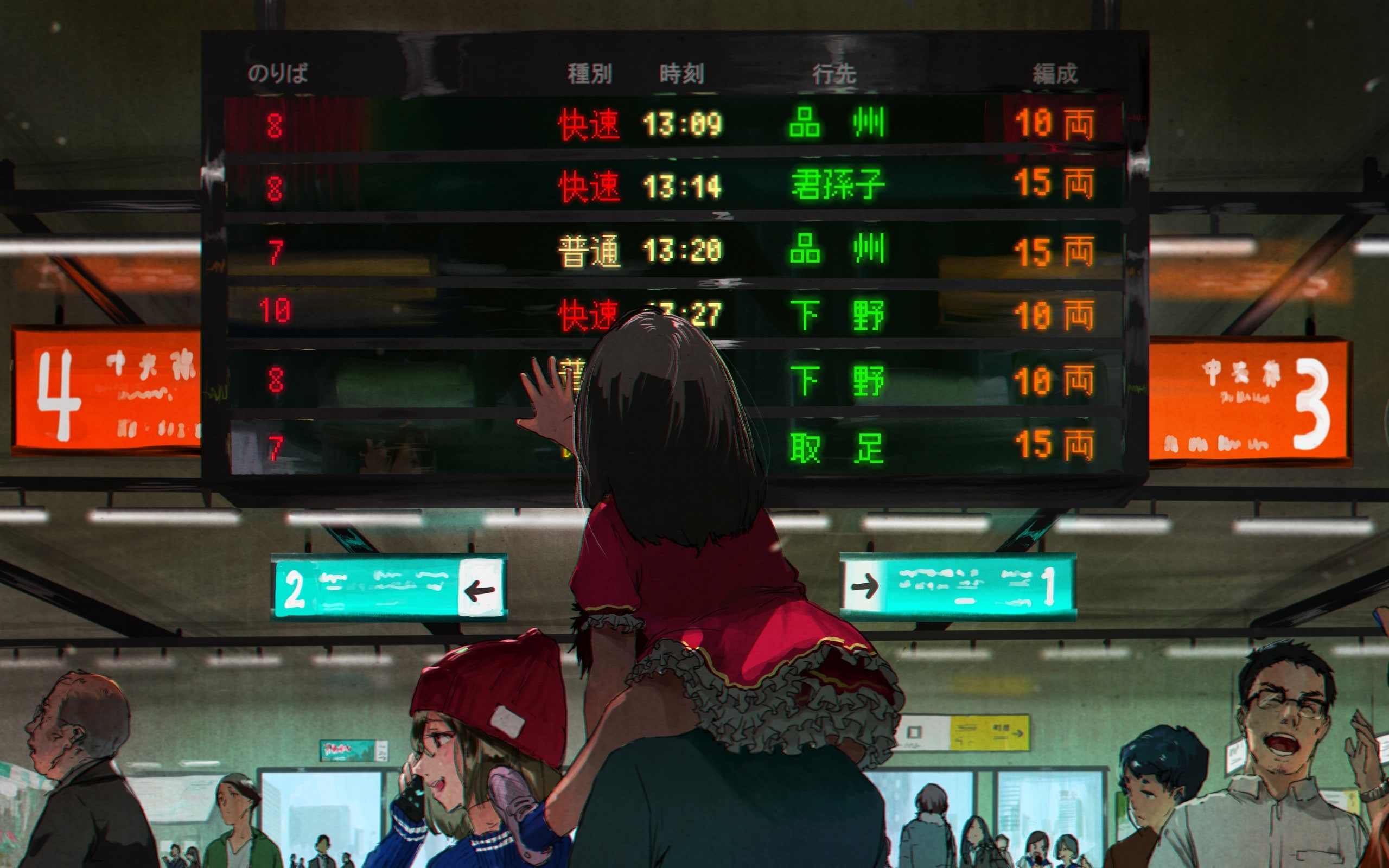anime, mode of transportation, waiting, indoors, public transportation, group of people, crowd, sign, real people, women, men, large group of people, lifestyles, HD Wallpaper