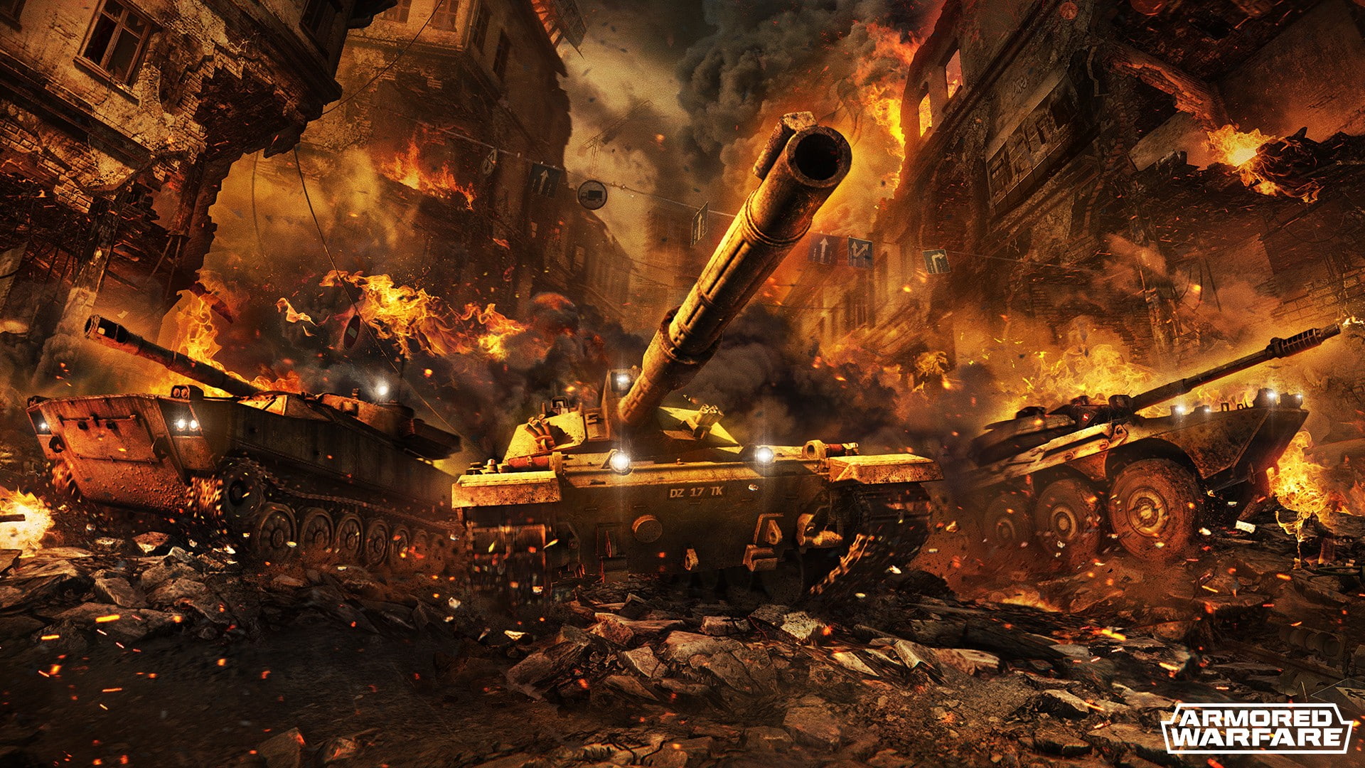 aggression, motion, video games, tank, glowing, night, nature, burnt, Stryker MGS, industry, conflict, battle, military, burning, Armored Warfare, fighting, HD Wallpaper