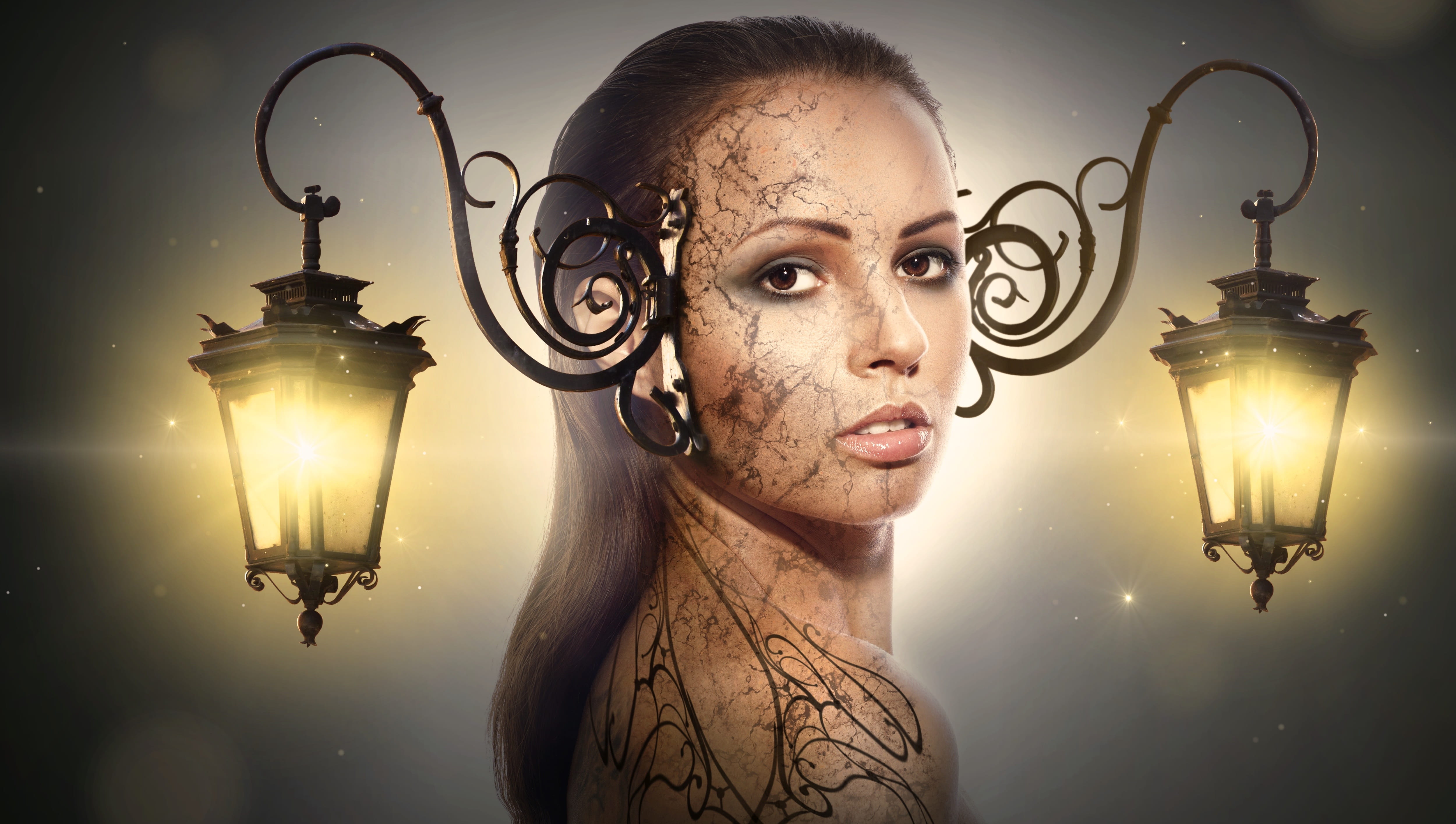 psychic, human body part, dark, mood, ornament, glowing, human, photomontage, portrait, fantasy, lighting equipment, light, girl, adult, 4K, light bulb, HD Wallpaper
