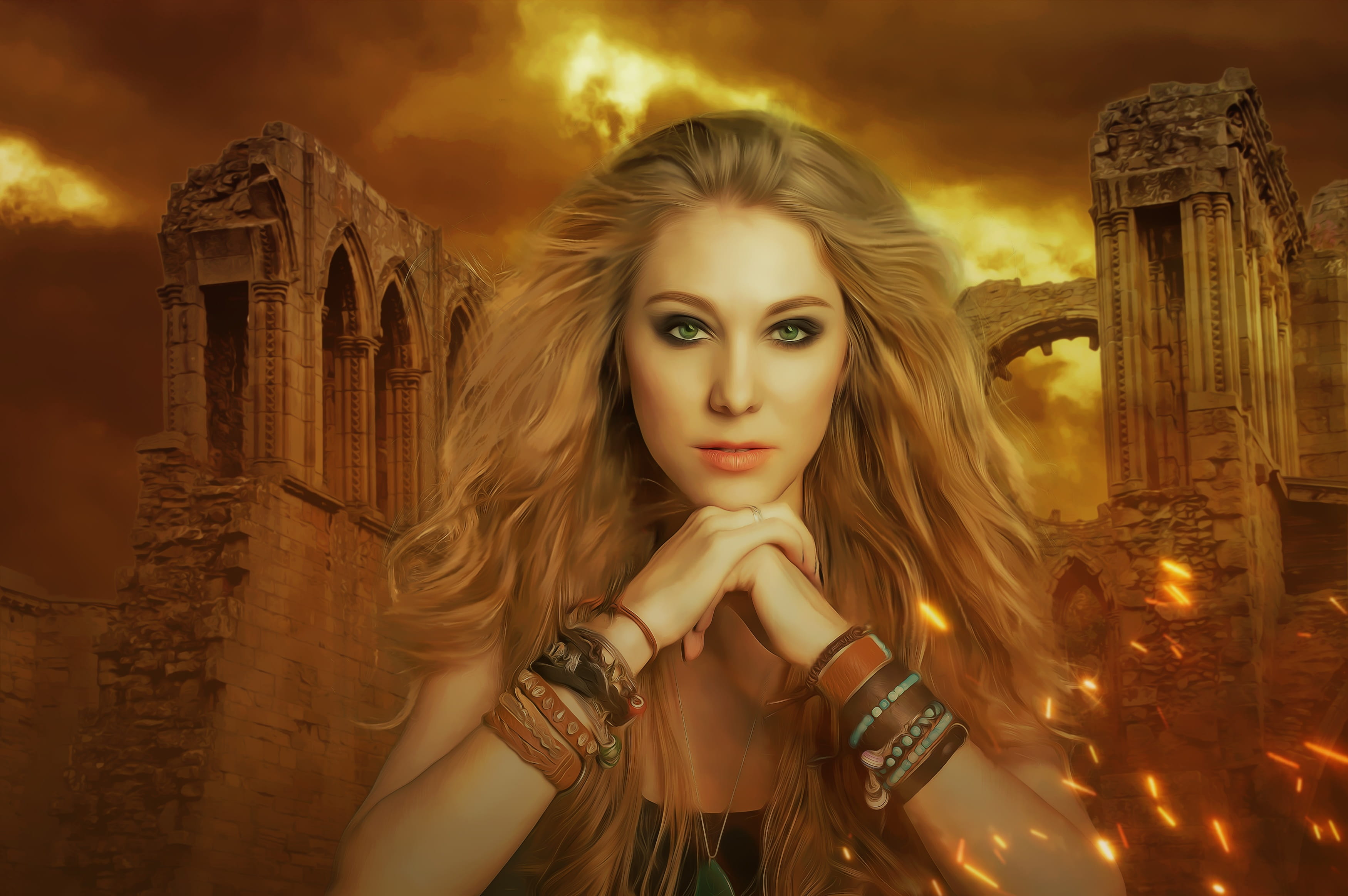 beauty, women, portrait, hairstyle, fantasy, looking at camera, dramatic sky, young, dark, beautiful woman, art and craft, photoshop, architecture, blond hair, HD Wallpaper