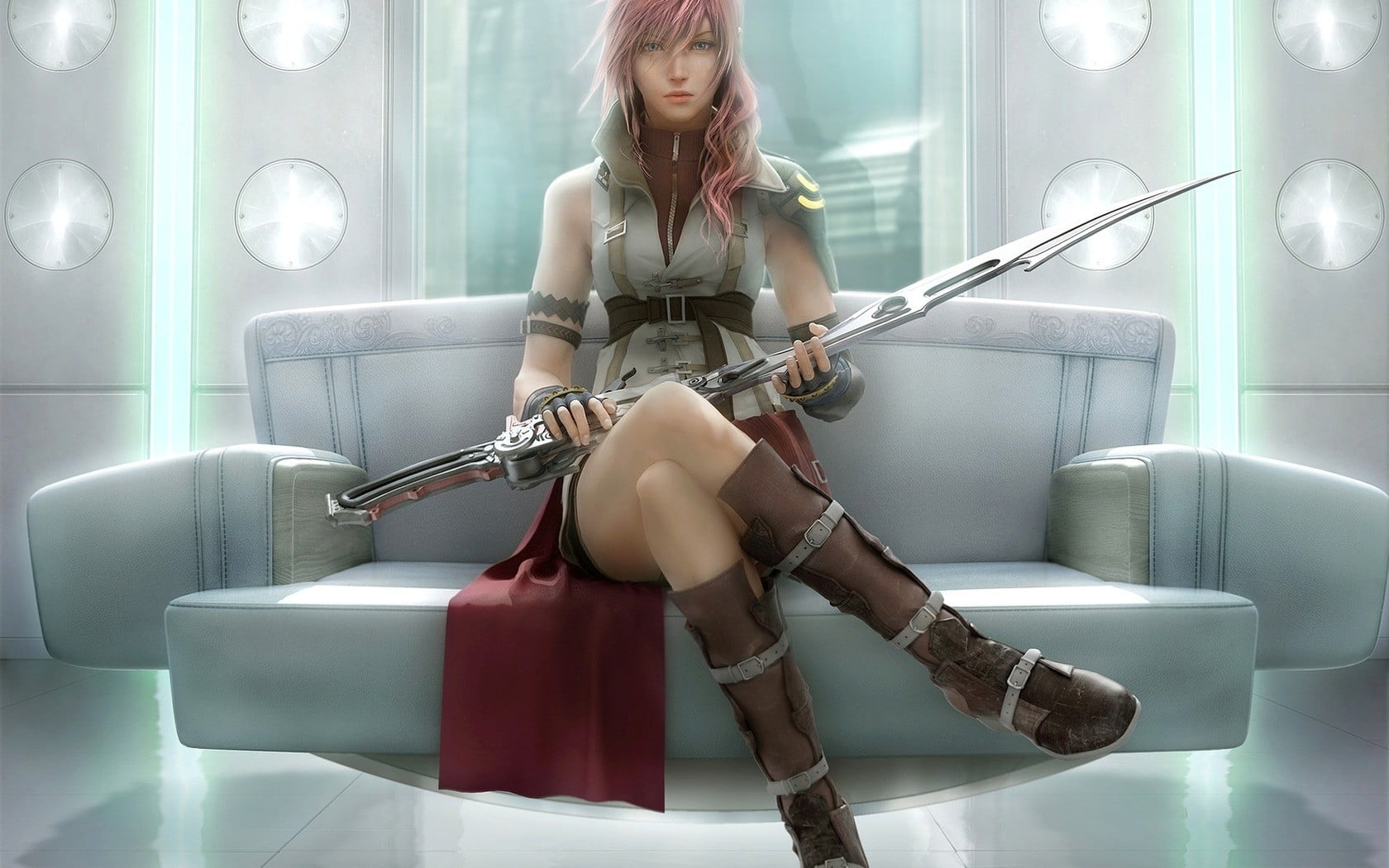 Claire Farron, 720P, video games, blond hair, Final Fantasy, fashion, shoe, women, mini dress, beautiful woman, high heels, sitting, hairstyle, indoors, HD Wallpaper