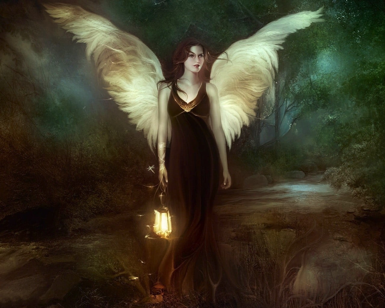 young adult, lantern, dark, ethereal, fog, portrait, hair, fantasy art, fashion, fantasy, nature, one person, animal wing, evil, vampire, 720P, women, HD Wallpaper