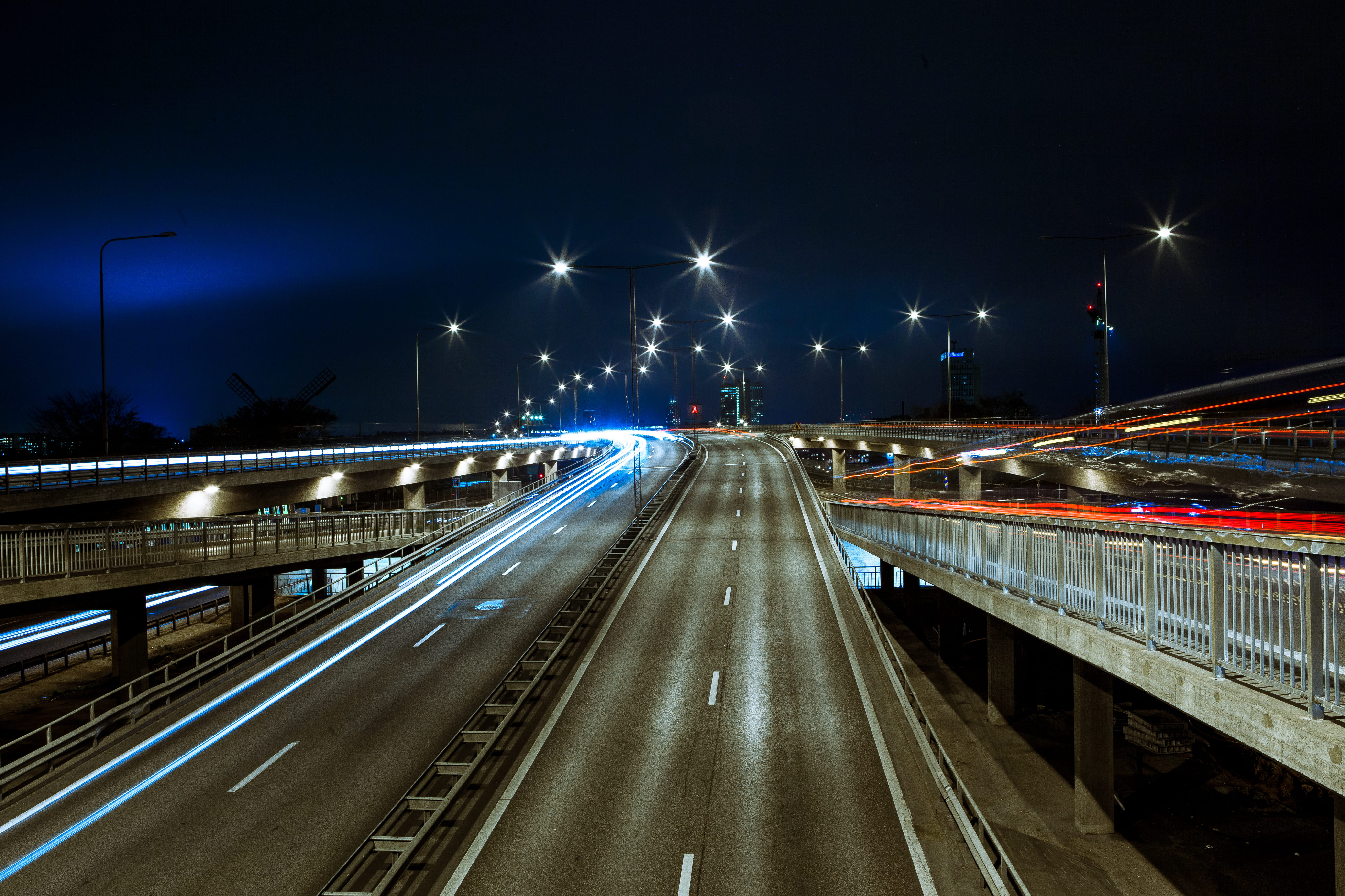 highway, transportation, outdoors, bridge - Man Made Structure, the way forward, streaks, urban Scene, time, bridge, asphalt, road, illuminated, diminishing perspective, HD Wallpaper