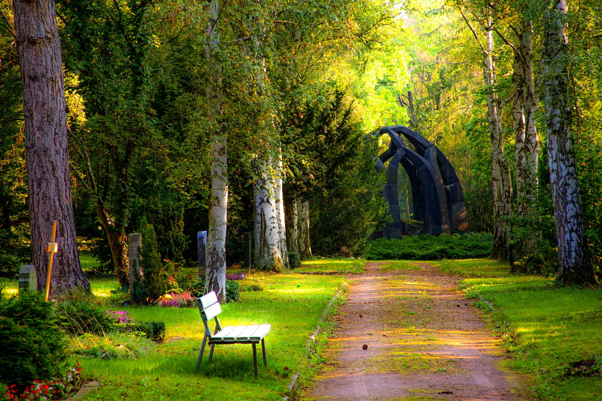 tree trunk, beauty in nature, forest, grave stones, tranquility, rest, park bench, stones, park - man made space, grass, one person, day, seat, full length, HD Wallpaper
