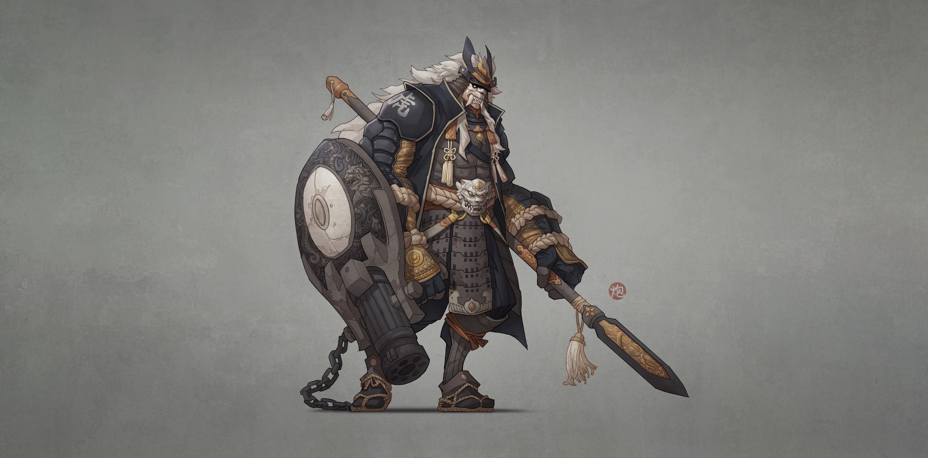 Mask, 2K, Warrior, Samurai, Fantasy, Spear, Shield, HD Wallpaper