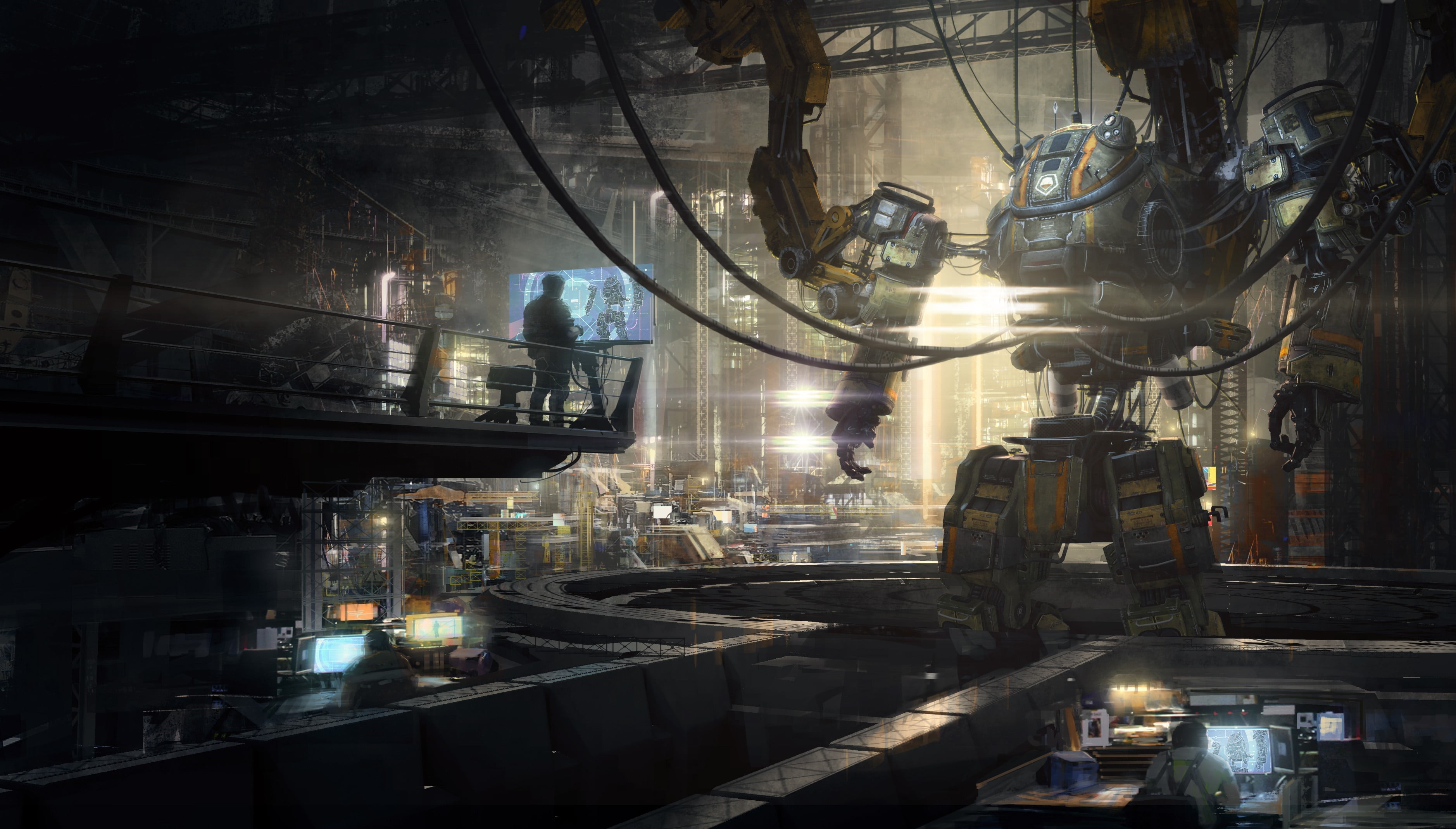 motor vehicle, architecture, industry, metal, glowing, mode of transportation, built structure, lighting equipment, 2K, yellow, Titanfall, business, night, HD Wallpaper