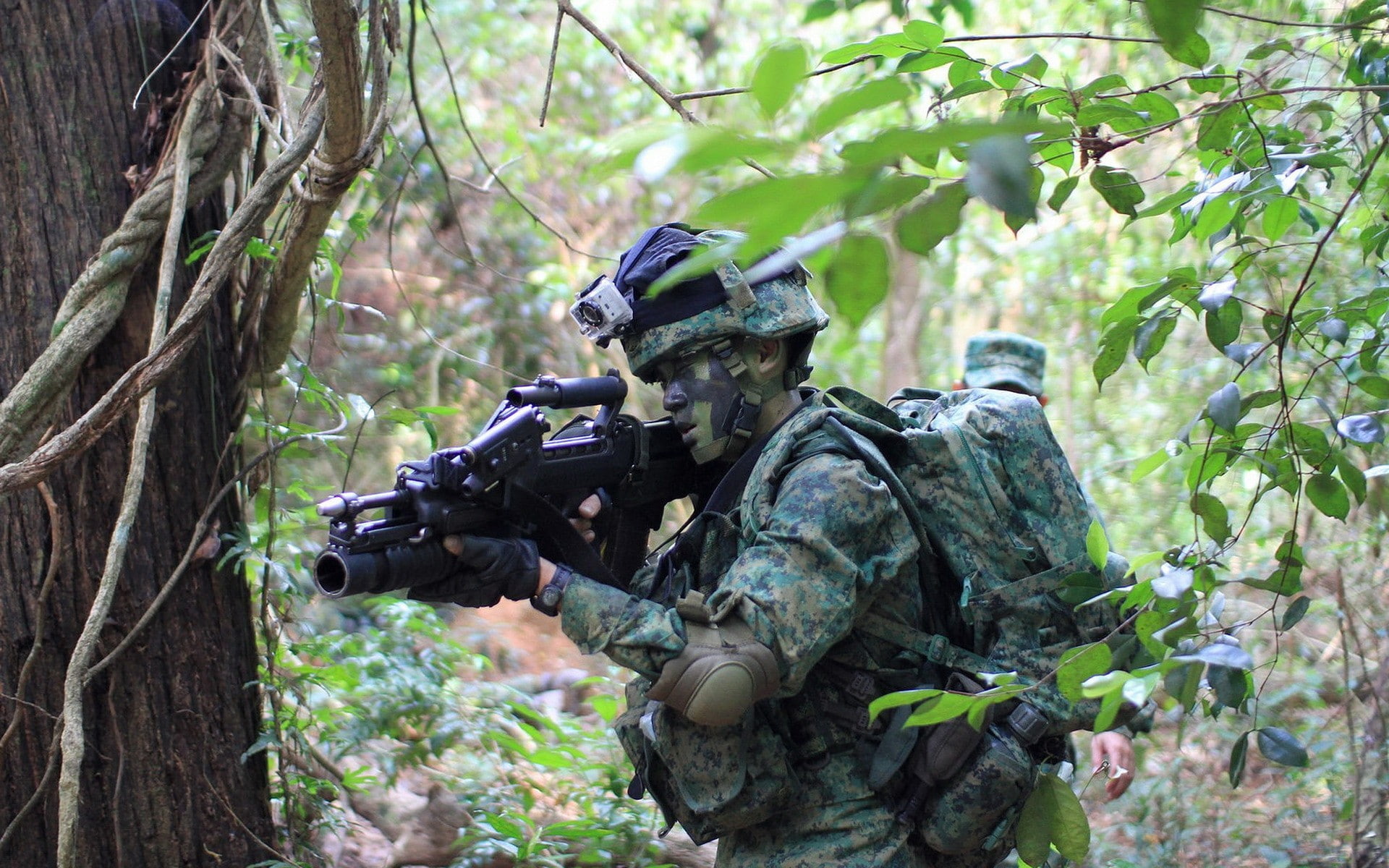 1080P, soldier sar 21 army gear weapon assault rifle singapore grenade launchers forest camouflage military military training, HD Wallpaper
