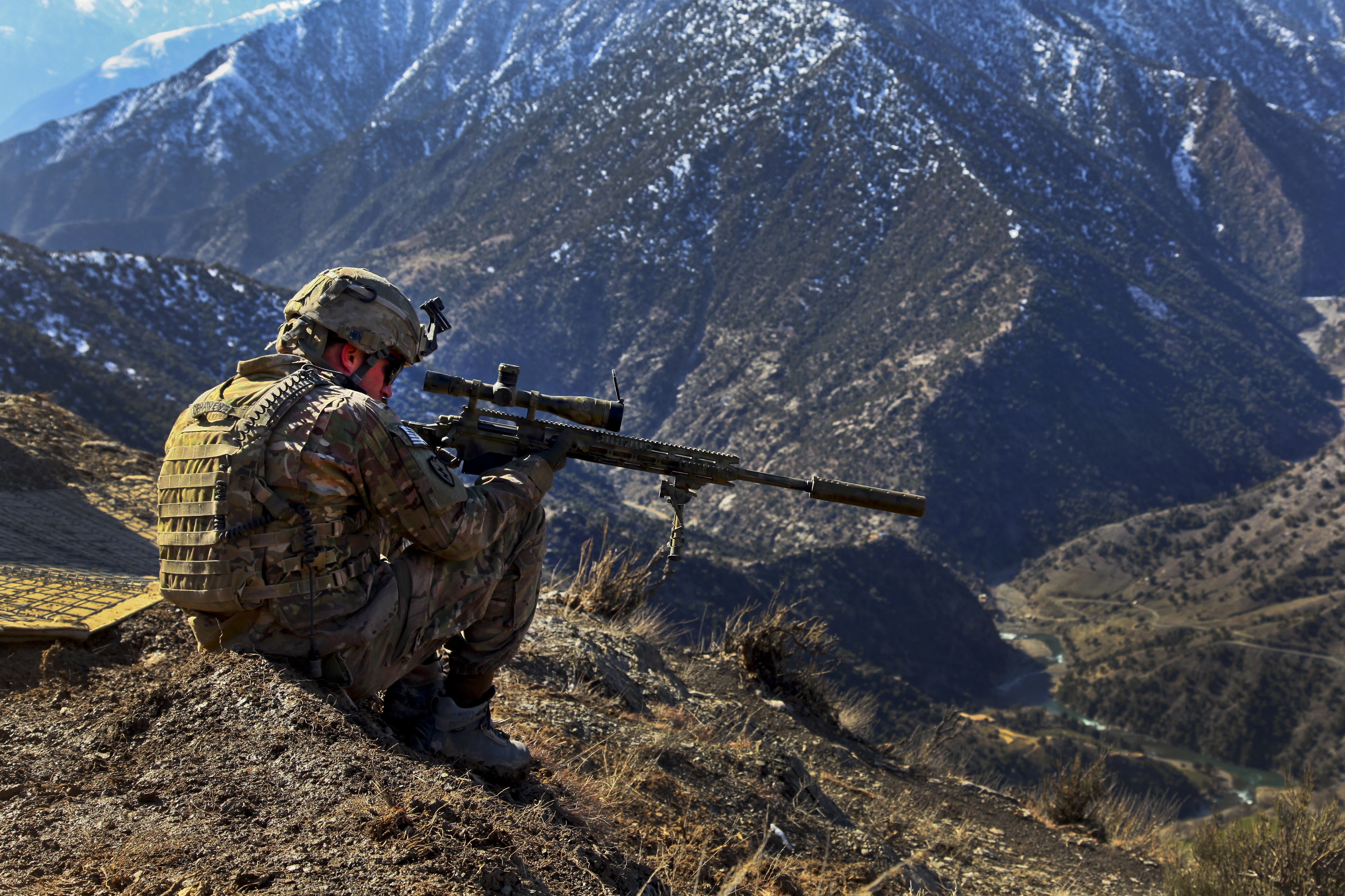 real people, aggression, sniper, 4K, sight, weapon, sniper rifle, rifle, mountain, special, war, army, day, government, optics, side view, conflict, gun, HD Wallpaper