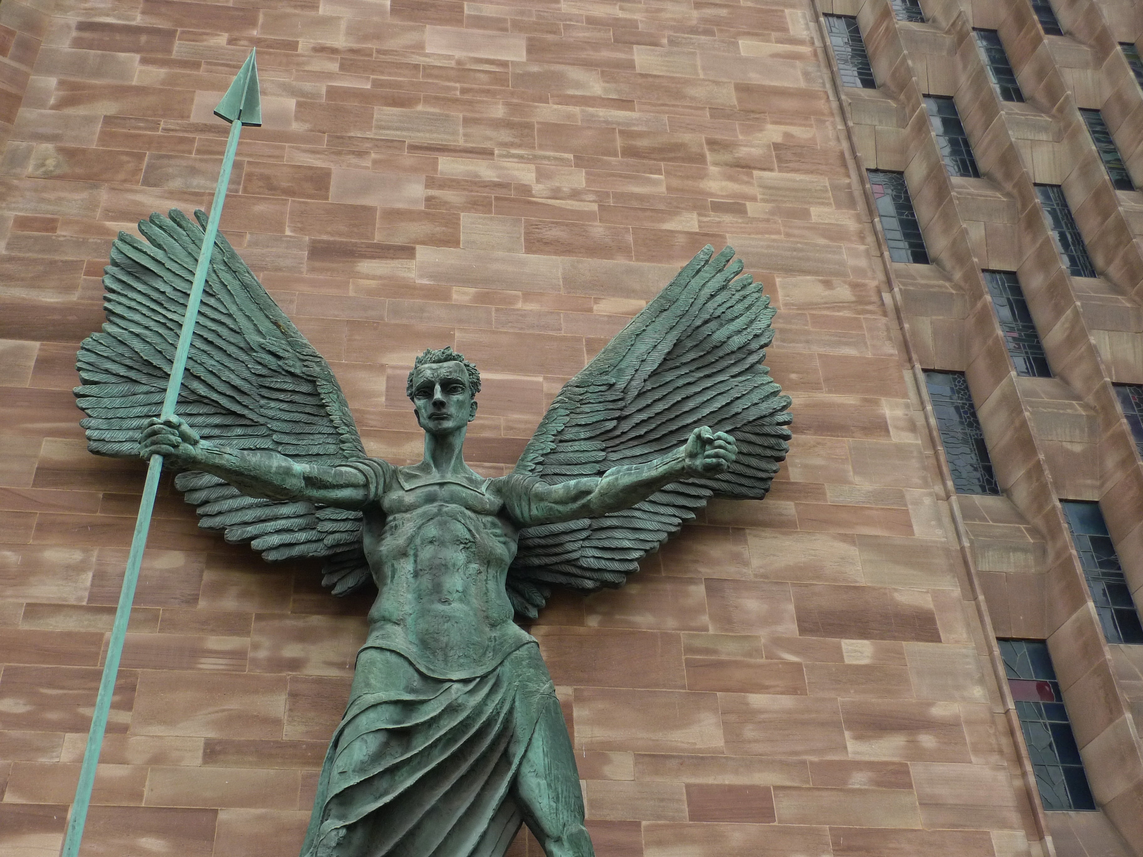 history, the past, no people, michael, representation, wall - building feature, built structure, coventry cathedral, religion, creativity, brick, sculpture, HD Wallpaper