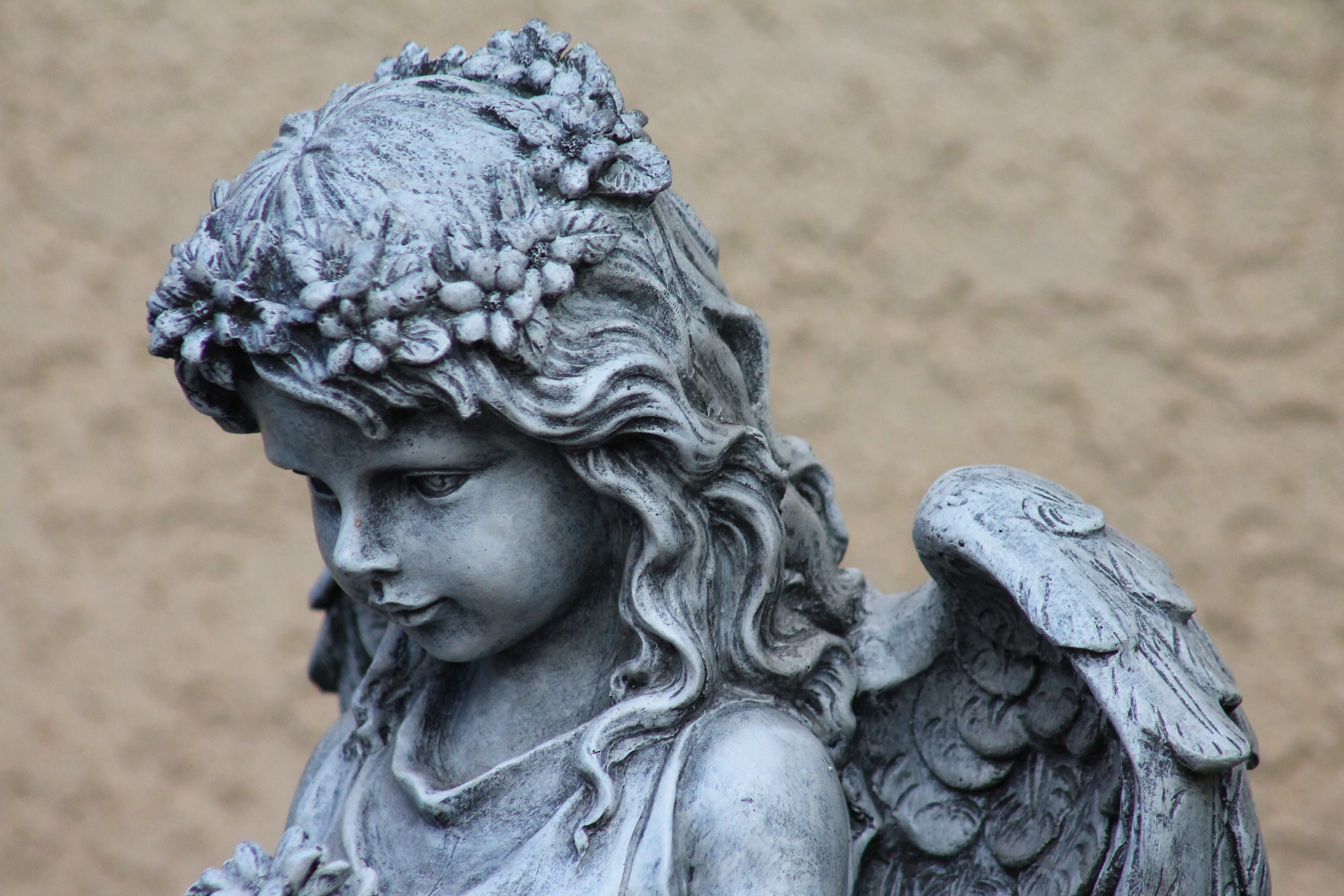 creativity, female likeness, guardian, figurine, religious sculpture, flower headdress, decoration, carving, garden art, religion, statue, angelic protection, HD Wallpaper