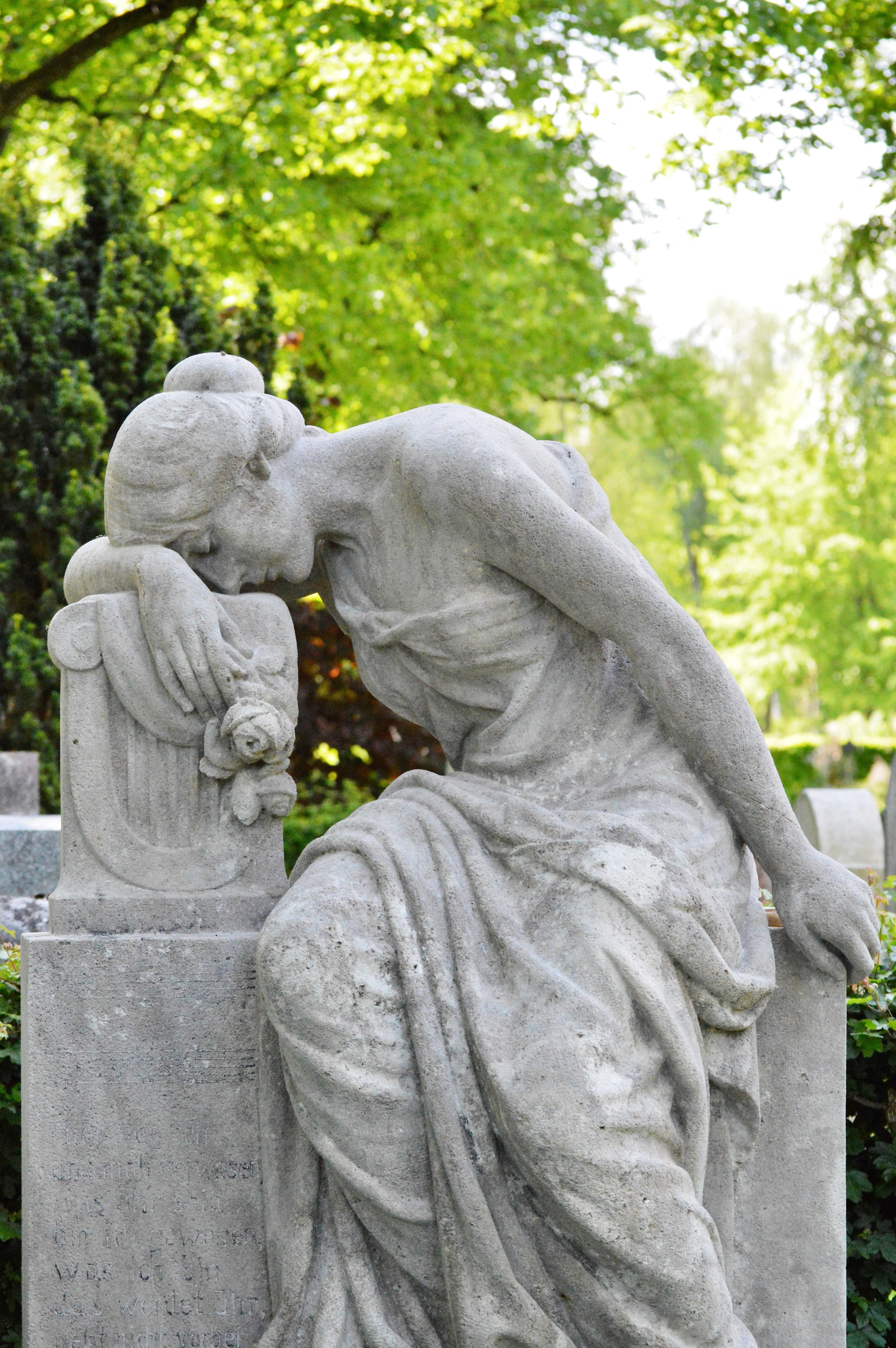 stone sculpture, human representation, artwork, art and craft, stony, sculpture, angel, sadness, tombstone, emotion, male likeness, stone figure, plant, Phone HD Wallpaper