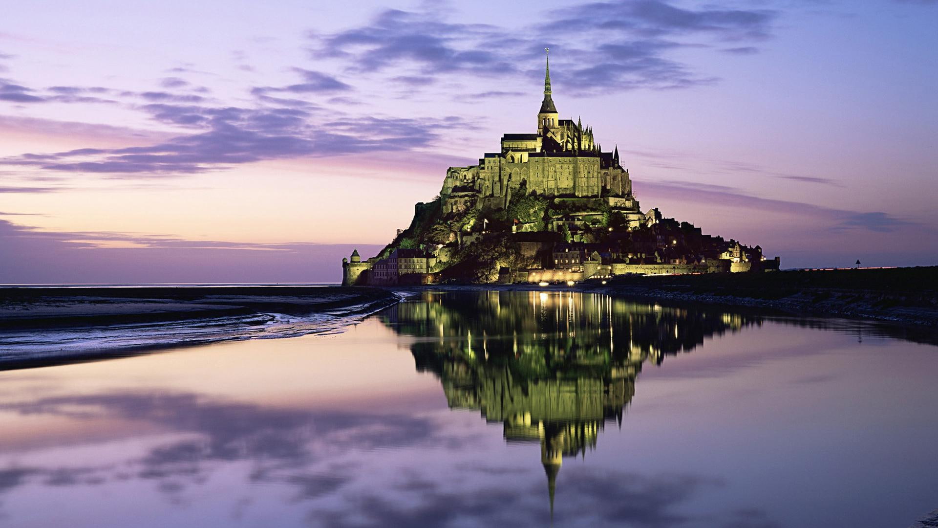 1080P, place, architecture, normy, saint, mont, castle, michel, landmarks, nature and landscapes, HD Wallpaper