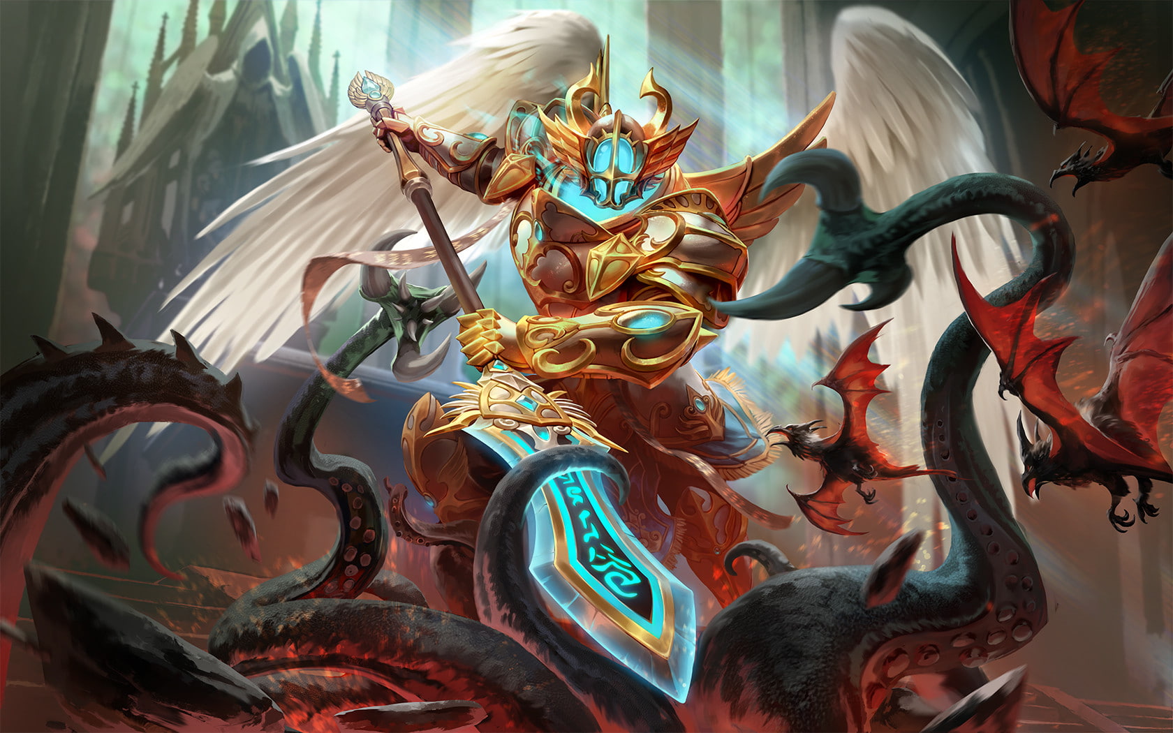 wings, men, Smite, Simon Eckert, angel, spear, 720P, battle, temple, armor, HD Wallpaper