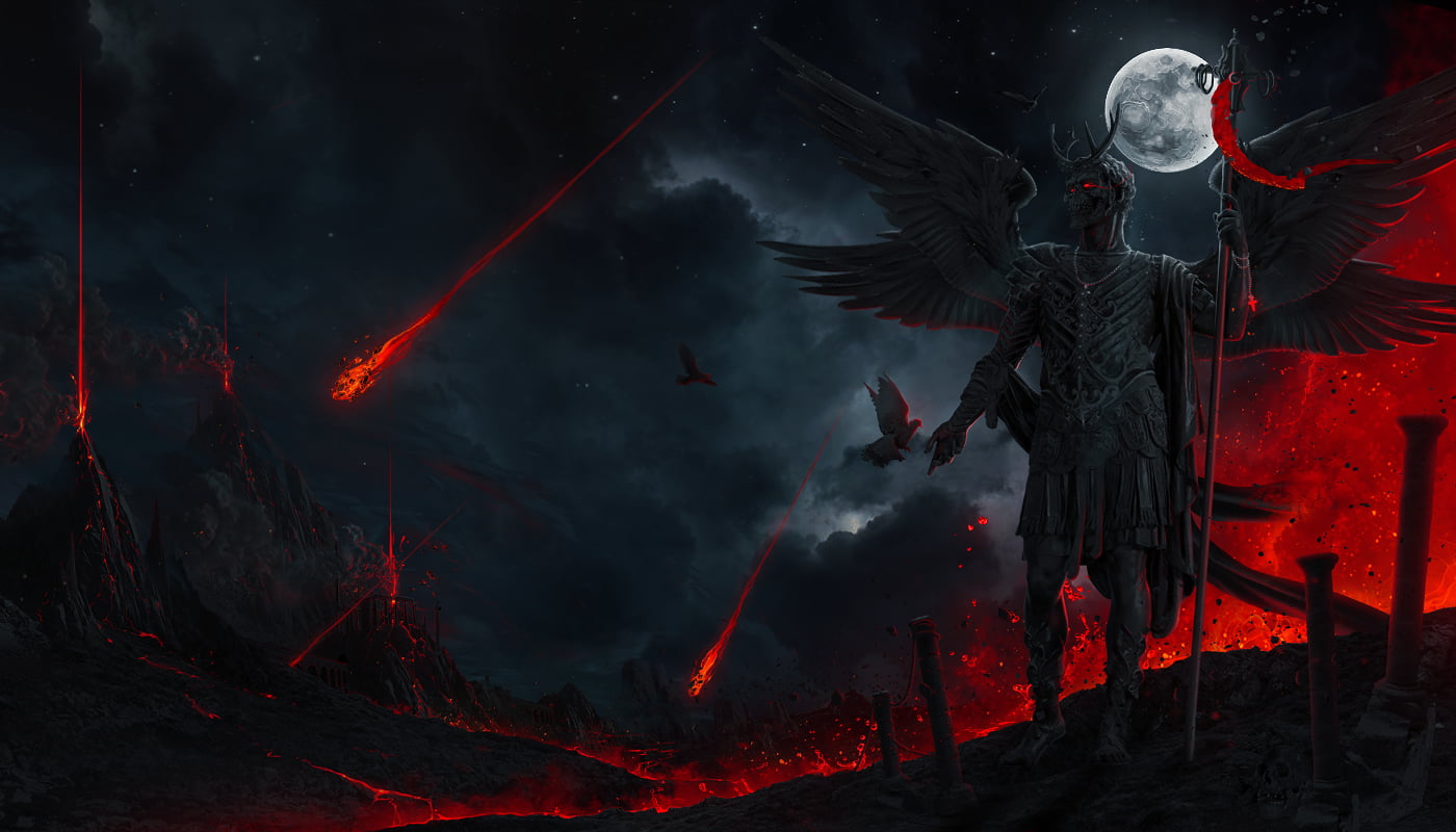 spear, 720P, digital art, volcano, night, birds, skull, photo manipulation, asteroid, Moon, glowing, pillar, men, horns, fire, meteorite, armor, smoke, HD Wallpaper