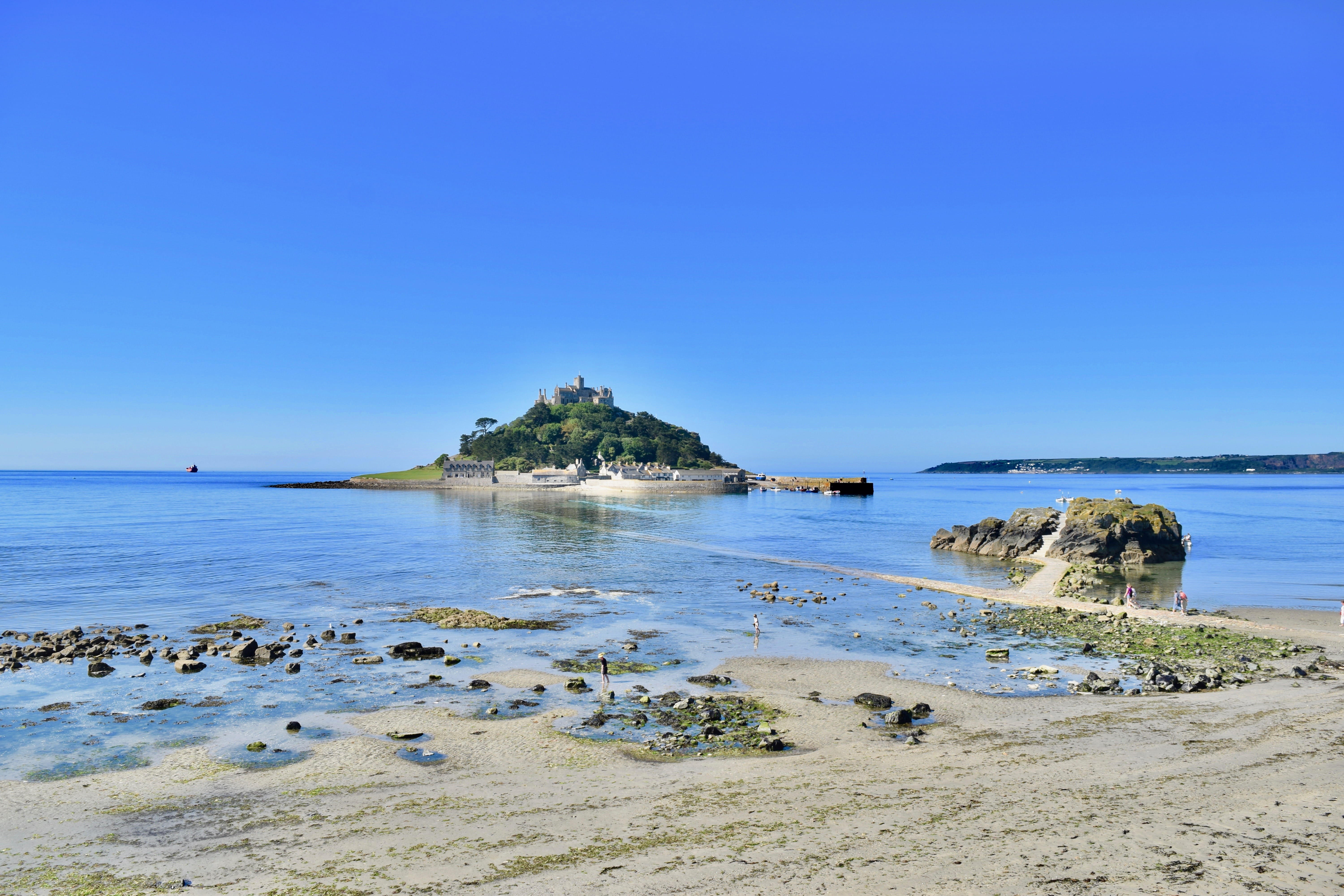 sky, sea, national trust, england, marazion, cornwall, rock, 5K, water, no people, blue, ship, clear sky, kernow, horizon over water, copy space, ocean, HD Wallpaper