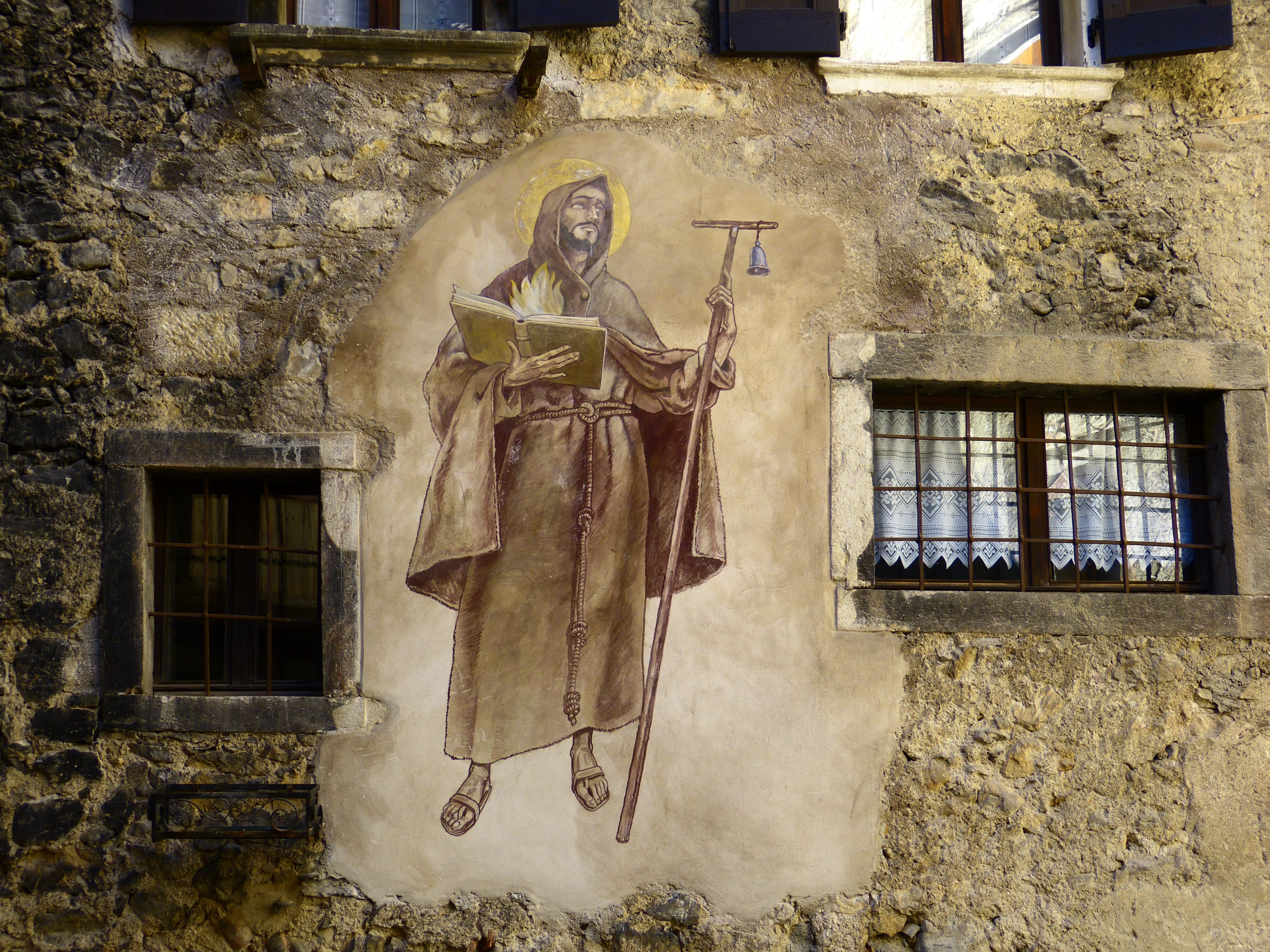 wall, day, village, canale di tenno, church, painting, no people, male likeness, shepherd, art and craft, building, medieval, book, christian, built structure, HD Wallpaper