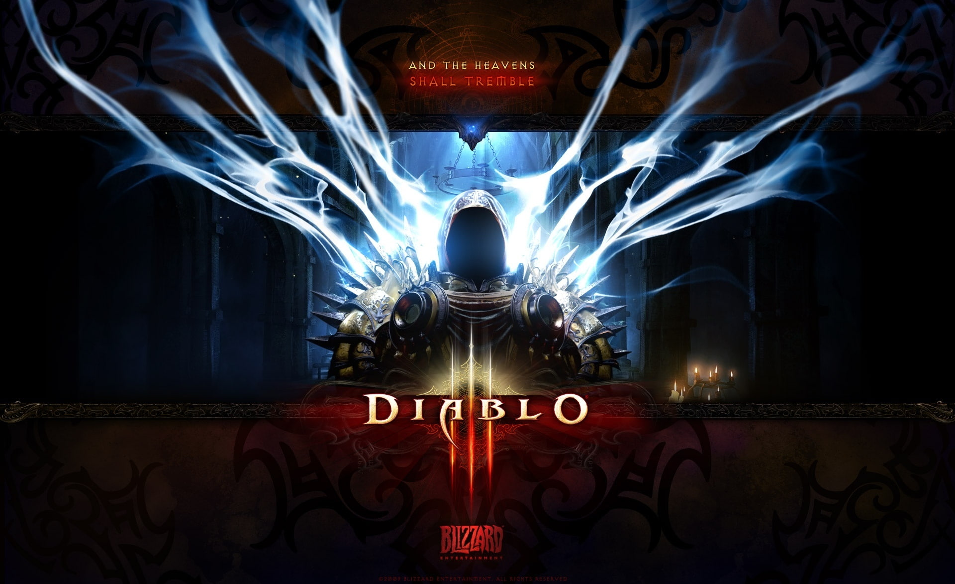 2010 game, pattern, no people, iii, text, diablo 3, illuminated, screenshot, glowing, tyrael, indoors, Games, graffiti, lighting equipment, communication, HD Wallpaper