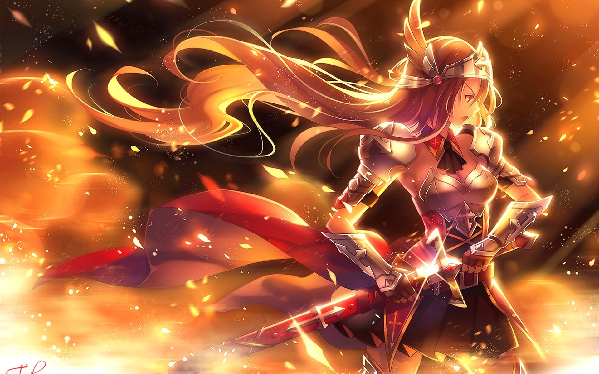Golden, Weapons, Anime, Warrior, 1080P, Sword, Girl, Armor, HD Wallpaper