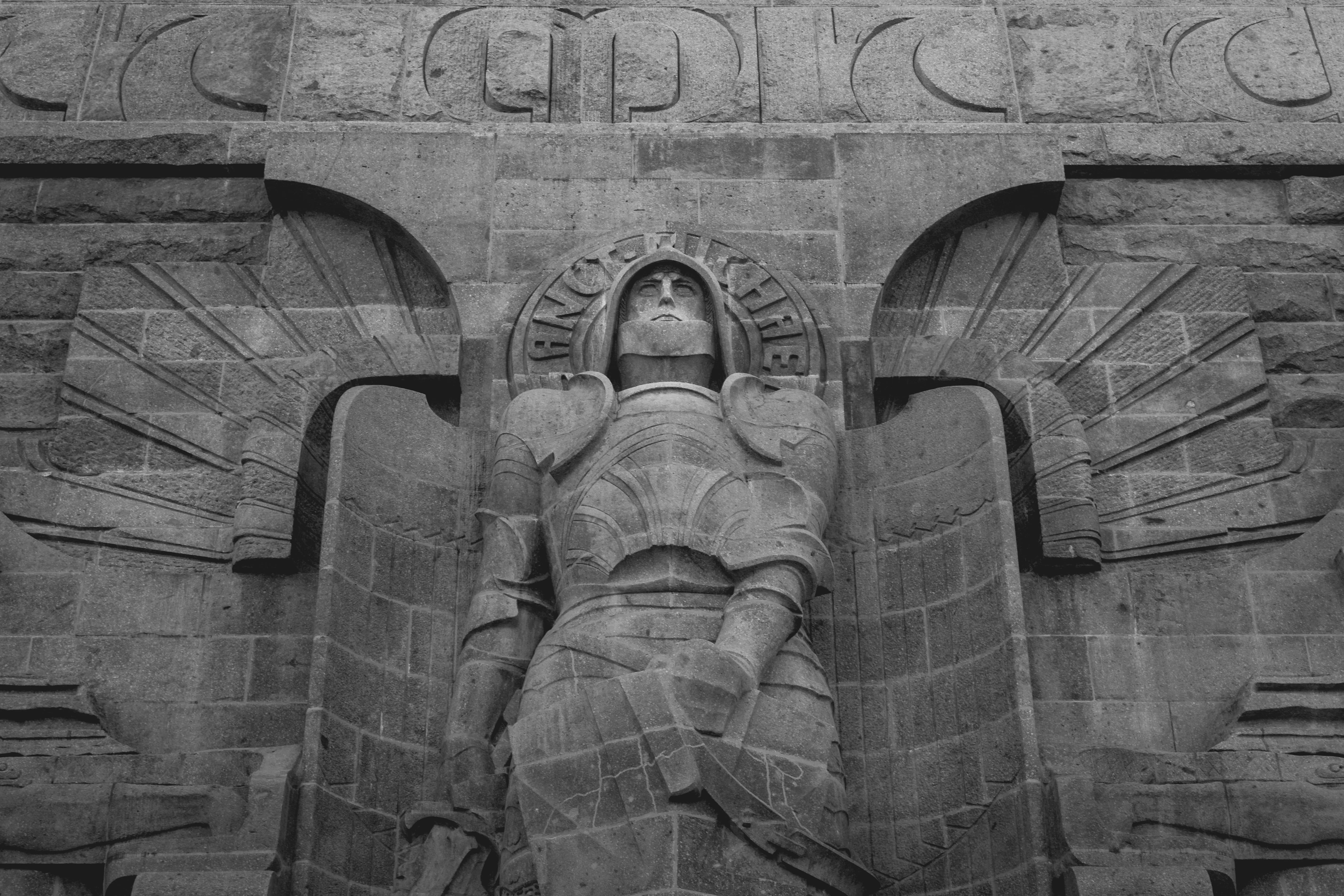no people, the past, carving - craft product, art and craft, spirituality, bw, carving, archangel, religion, blackandwhite, wall, representation, old, human representation, HD Wallpaper