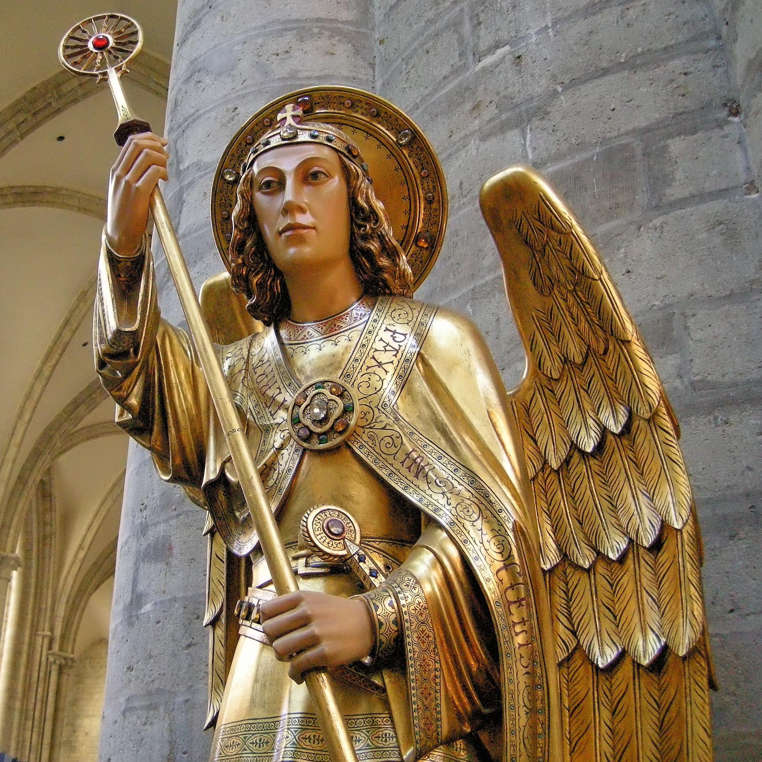 standing, saint, brussels, belgium, representation, archangel, architecture, ornate, waist up, male likeness, holding, one person, oangel, the past, statue, Phone HD Wallpaper