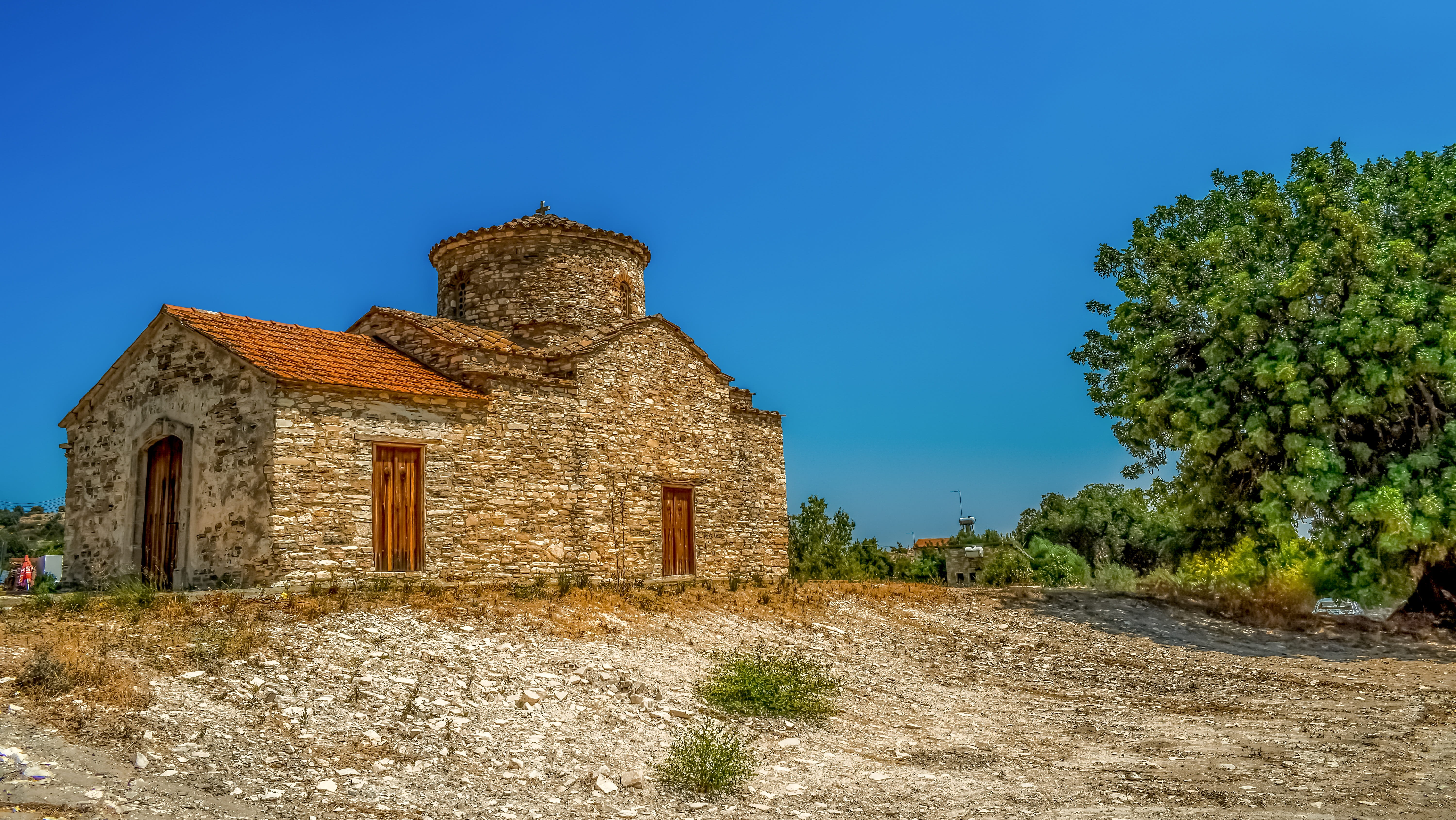 history, christianity, no people, clear sky, kato lefkara, religion, tree, 5K, travel, 12th century, sky, archangel michael, stone built, cyprus, travel destinations, HD Wallpaper