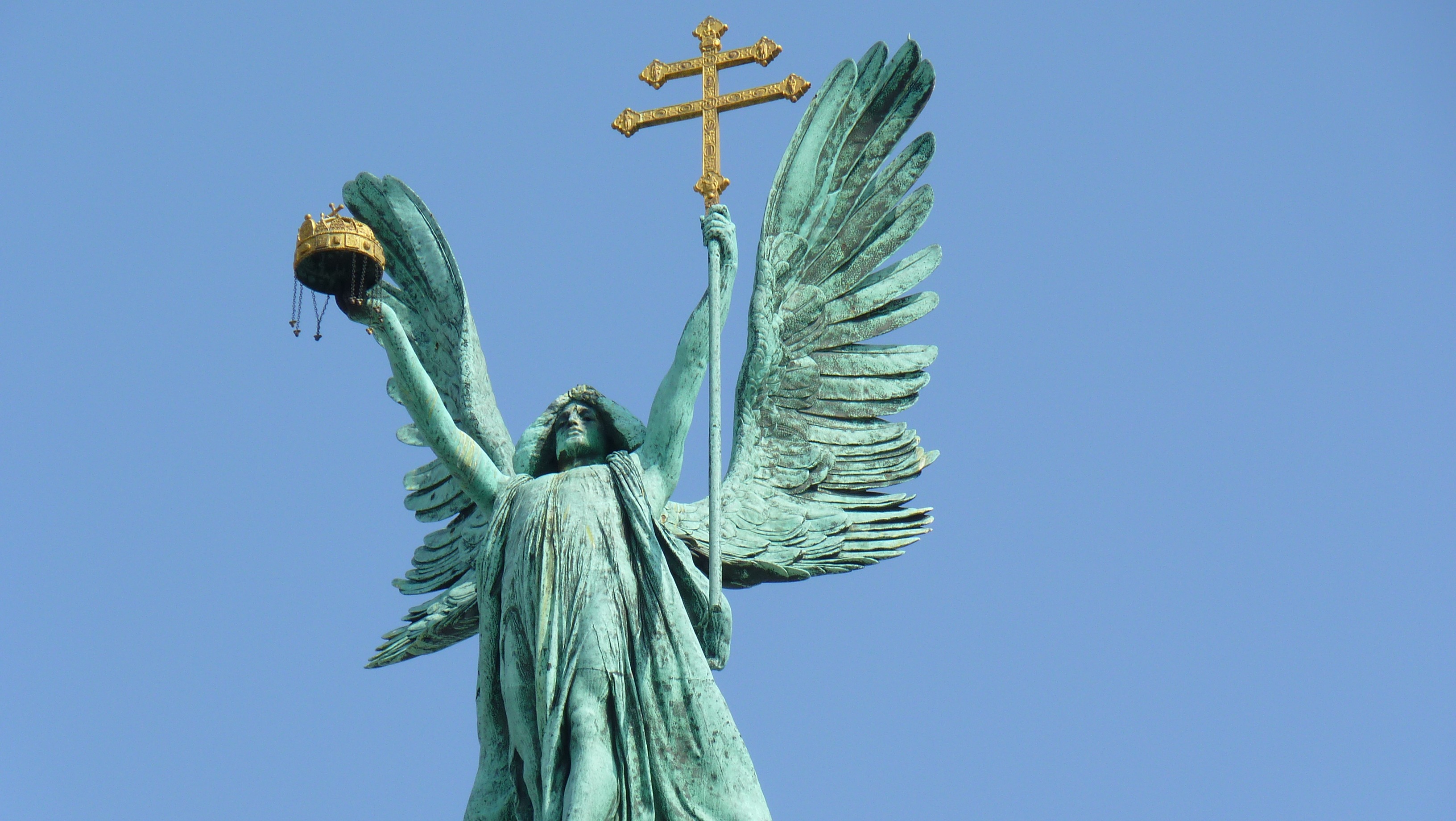 budapest, female likeness, creativity, heroes  square, statue, 2K, christianity, religion, famous Place, angel, human representation, bird, jesus Christ, HD Wallpaper