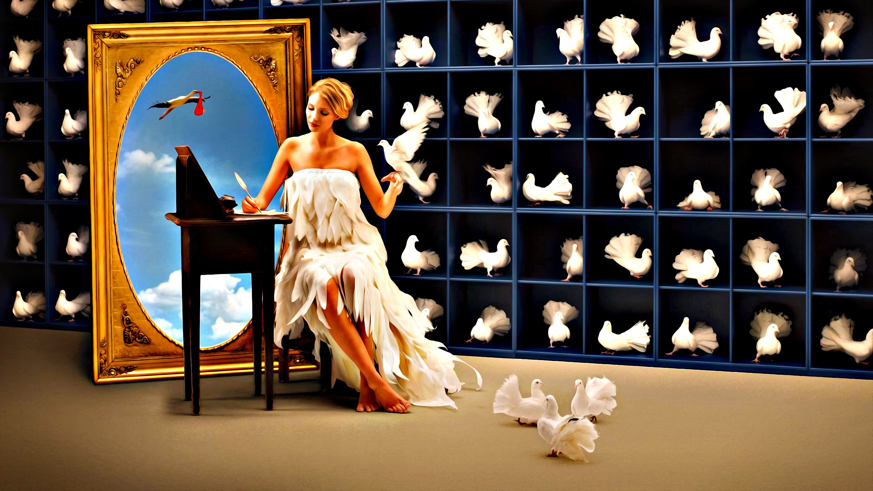 2K, pigeons, women, HD Wallpaper