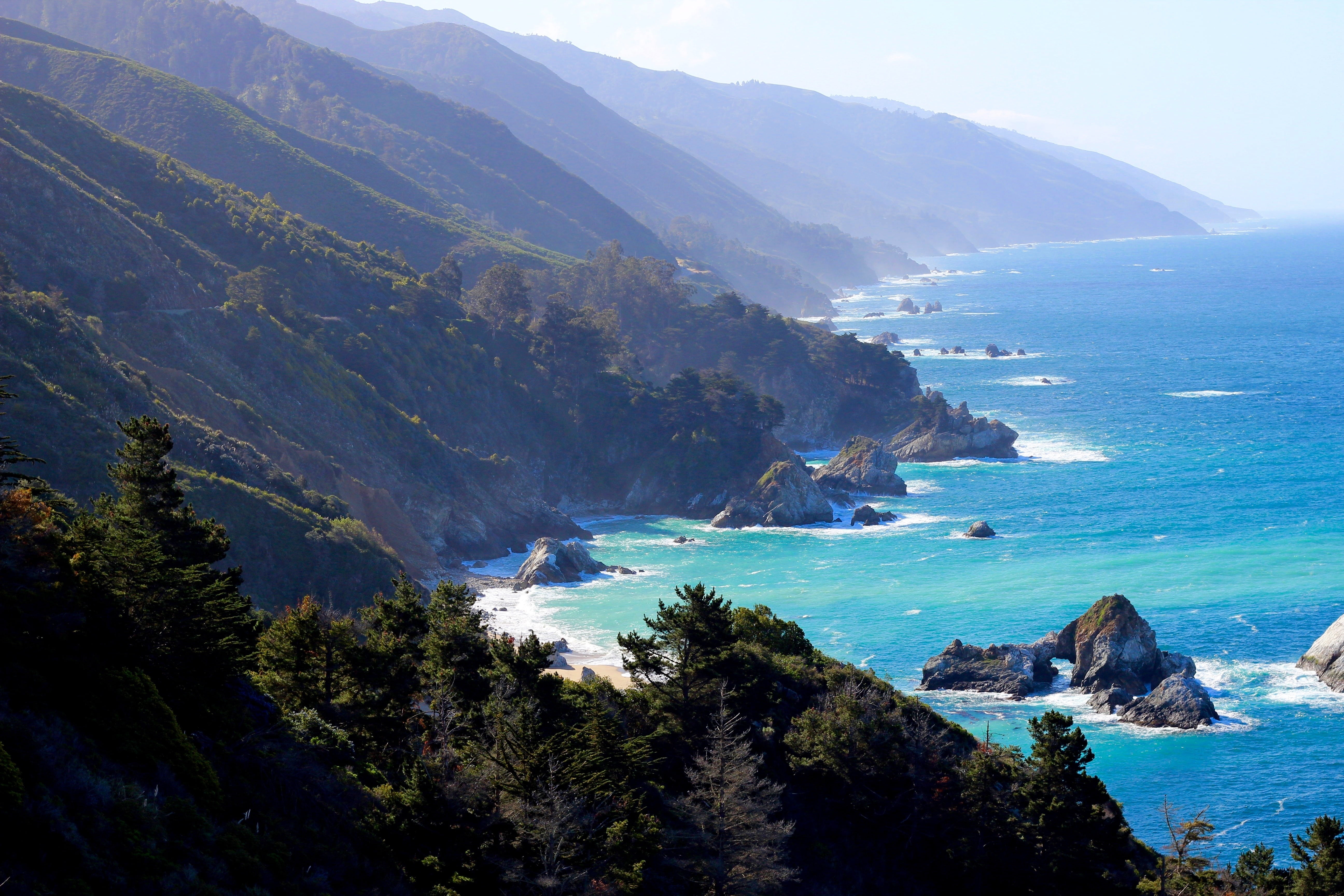 coast, coastline, tranquil scene, scenics - nature, high angle view, plant, california, mountain, sky, tranquility, 5K, water, day, drive, beauty in nature, HD Wallpaper