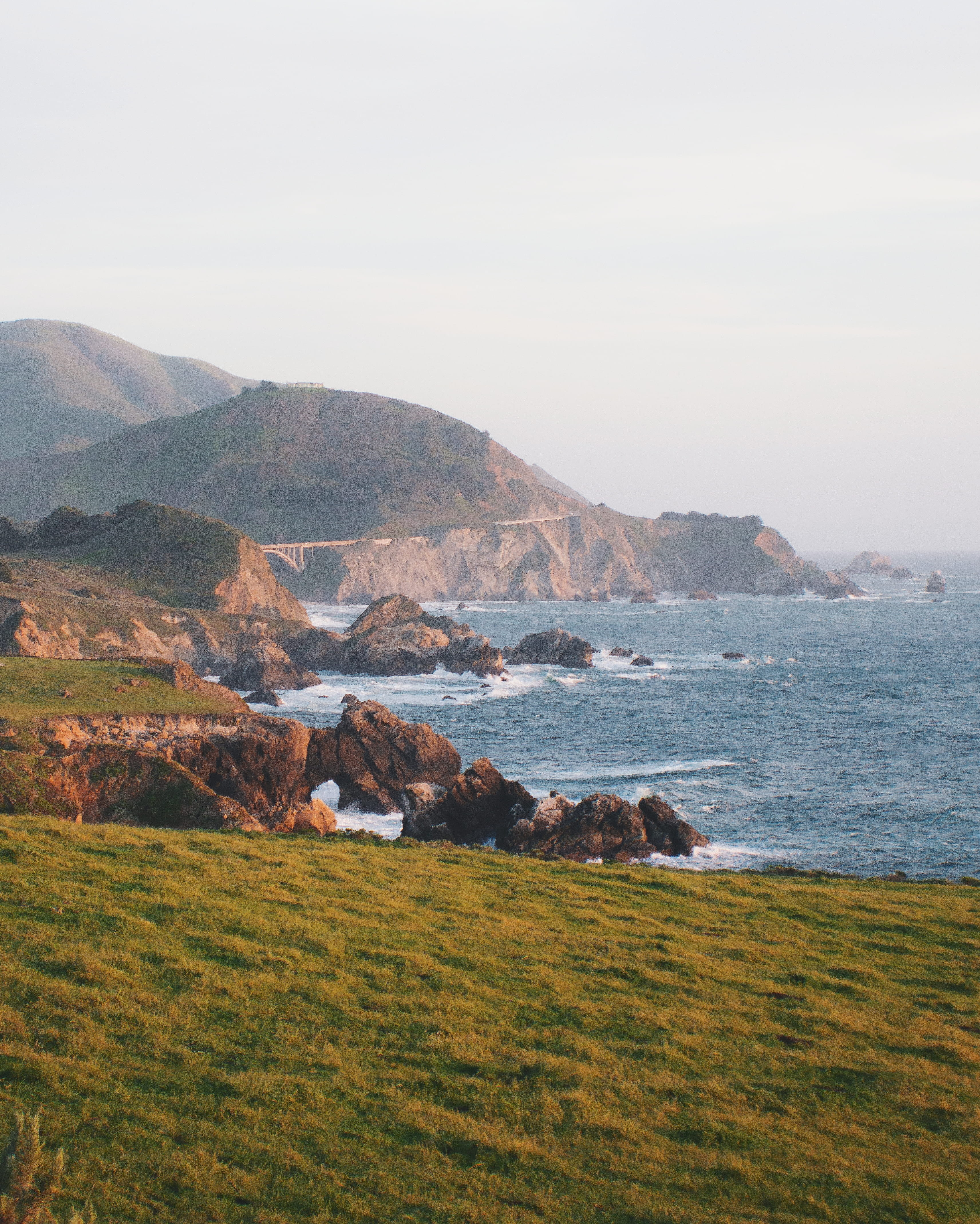 no people, scenics - nature, big sur, coast, outdoors, grass, environment, bridge, sea, united states, sky, 4K, landscape, nature, mountain, california, Phone HD Wallpaper