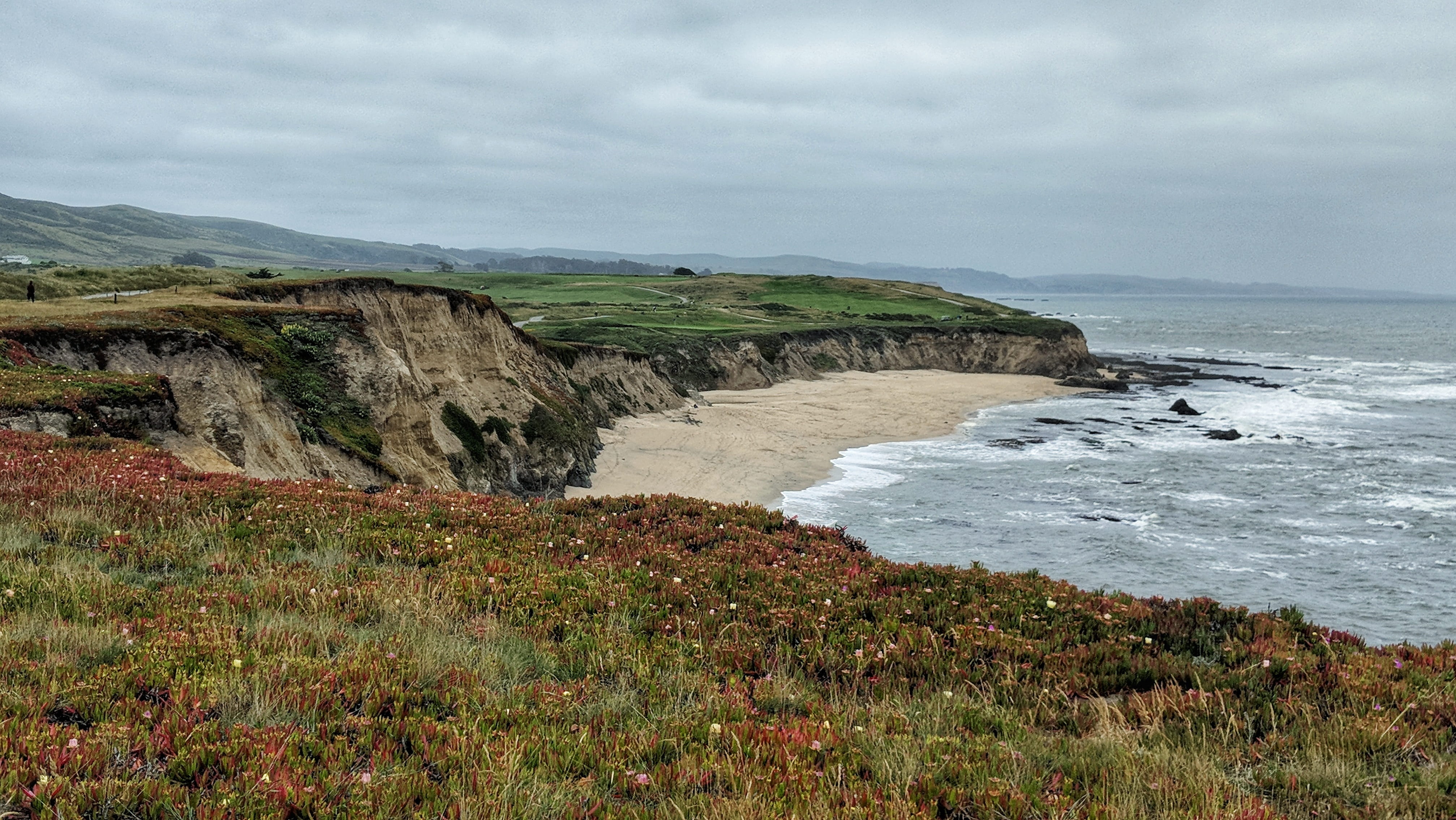 beauty in nature, landscape, outdoors, coastline, sky, tranquil scene, rock, california, plant, water, no people, sea, half moon bay, travel, tranquility, HD Wallpaper