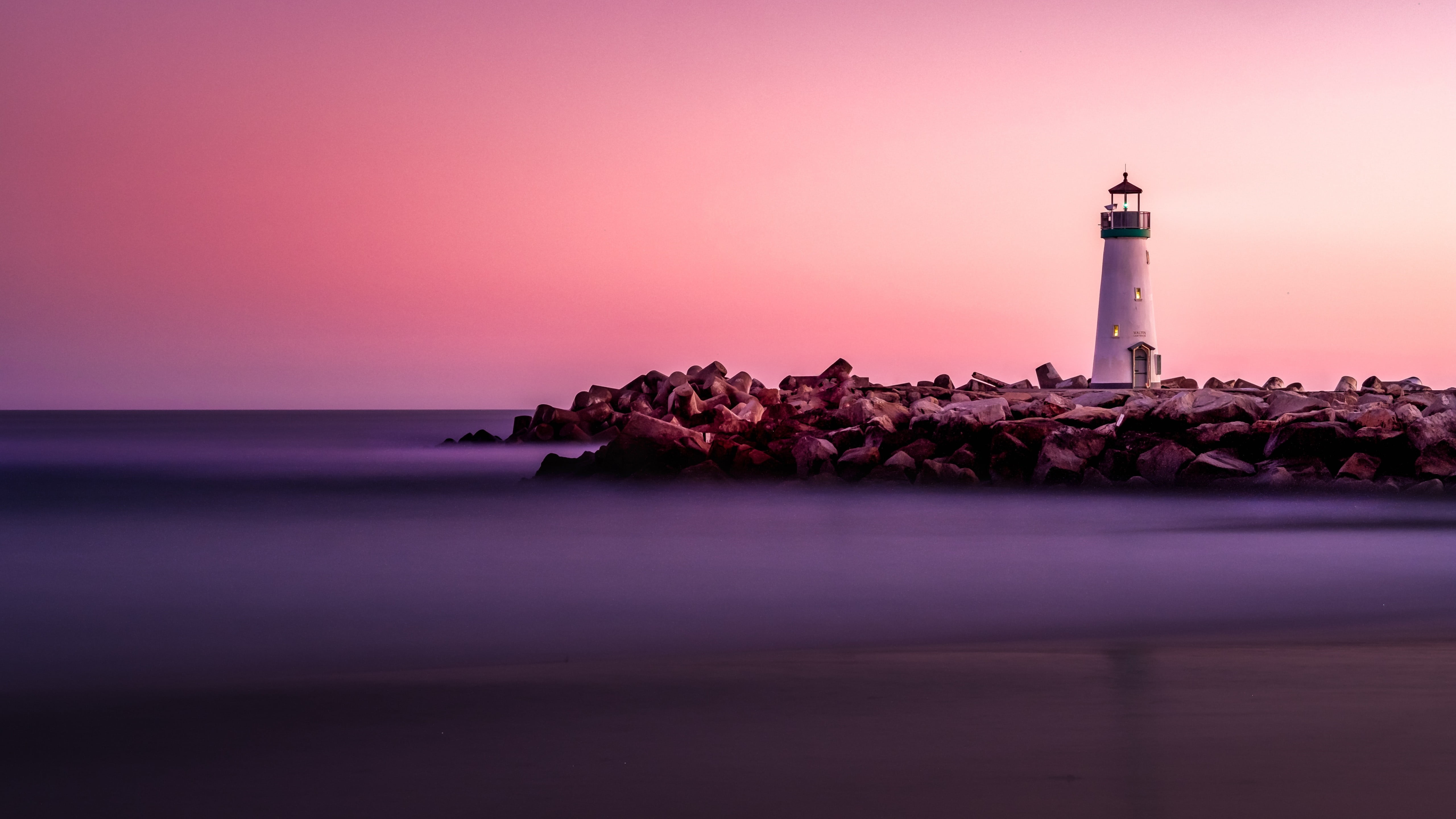building, no people, seabright lighthouse, 5K, land, coastline, lighthouse, purple, 5k, coast, breakwater, beach, calm, horizon over water, santa cruz breakwater lighthouse, HD Wallpaper