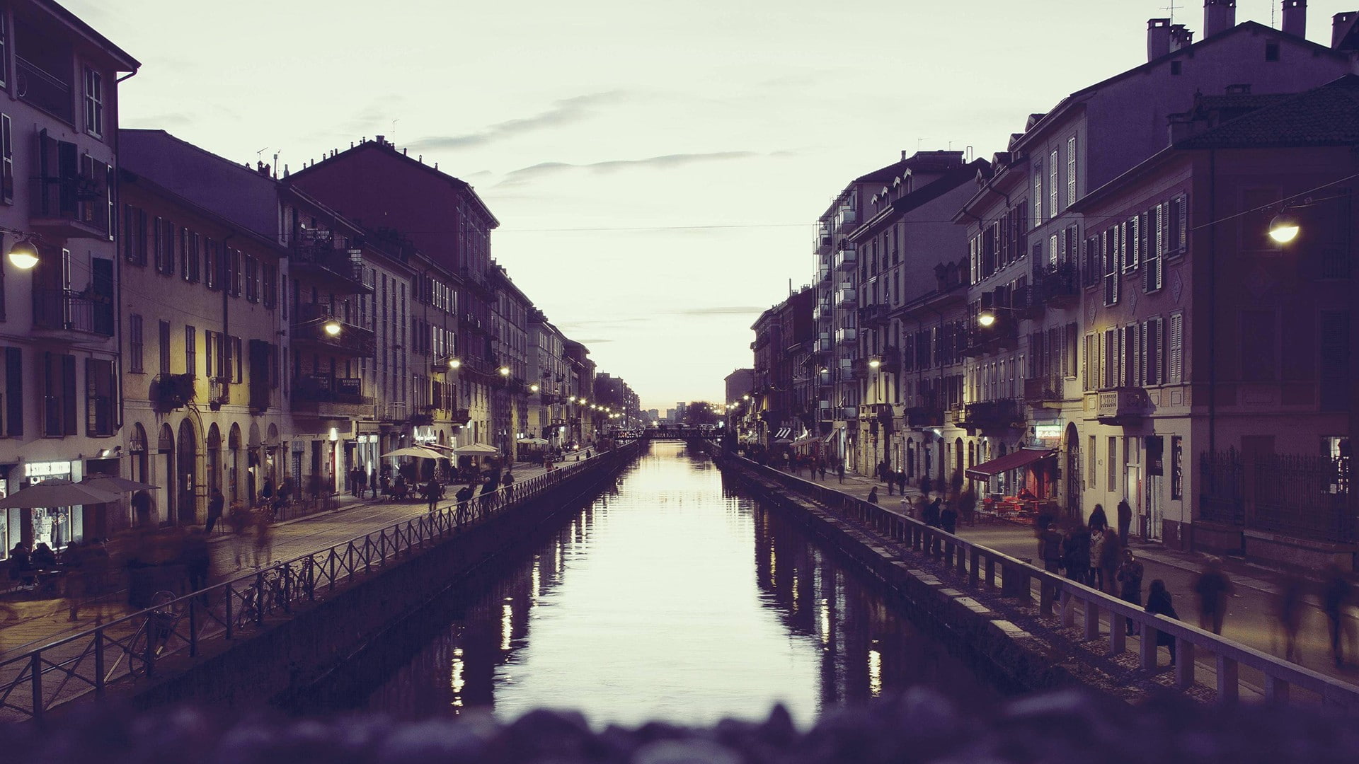 1080P, illuminated, diminishing perspective, street, building exterior, city, canal, Milan, residential district, waterfront, reflection, no people, built structure, HD Wallpaper