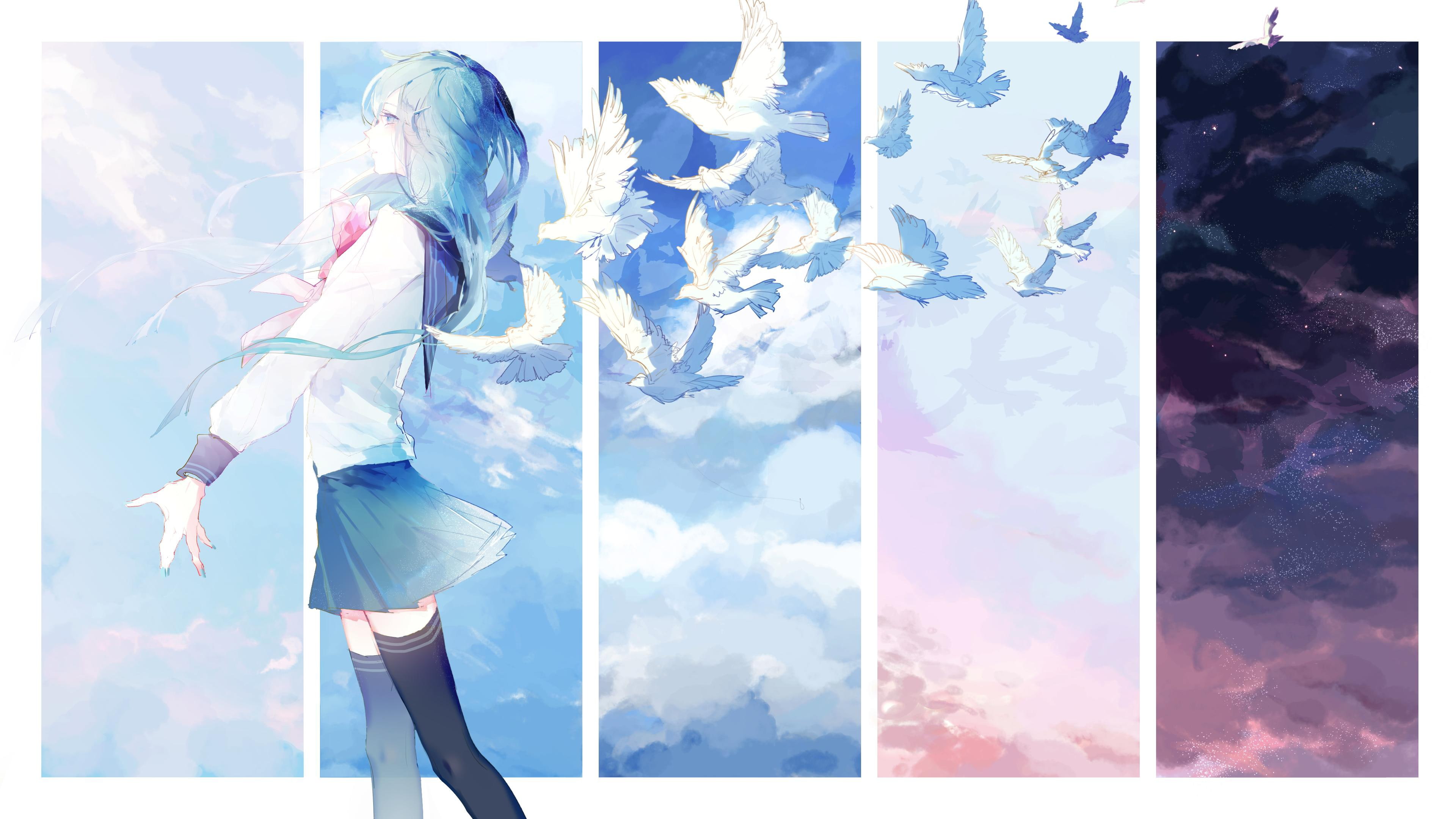 4K, pigeons, maizono sayaka, birds, girl, dangan-ronpa, art, HD Wallpaper