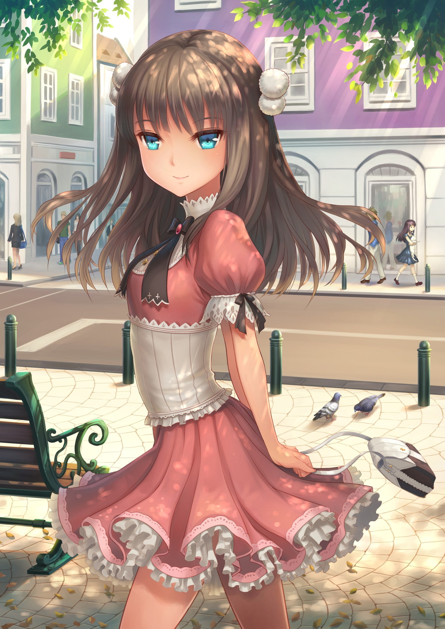 pigeons, anime, long hair, blue eyes, 1080P, anime girls, city, Phone HD Wallpaper