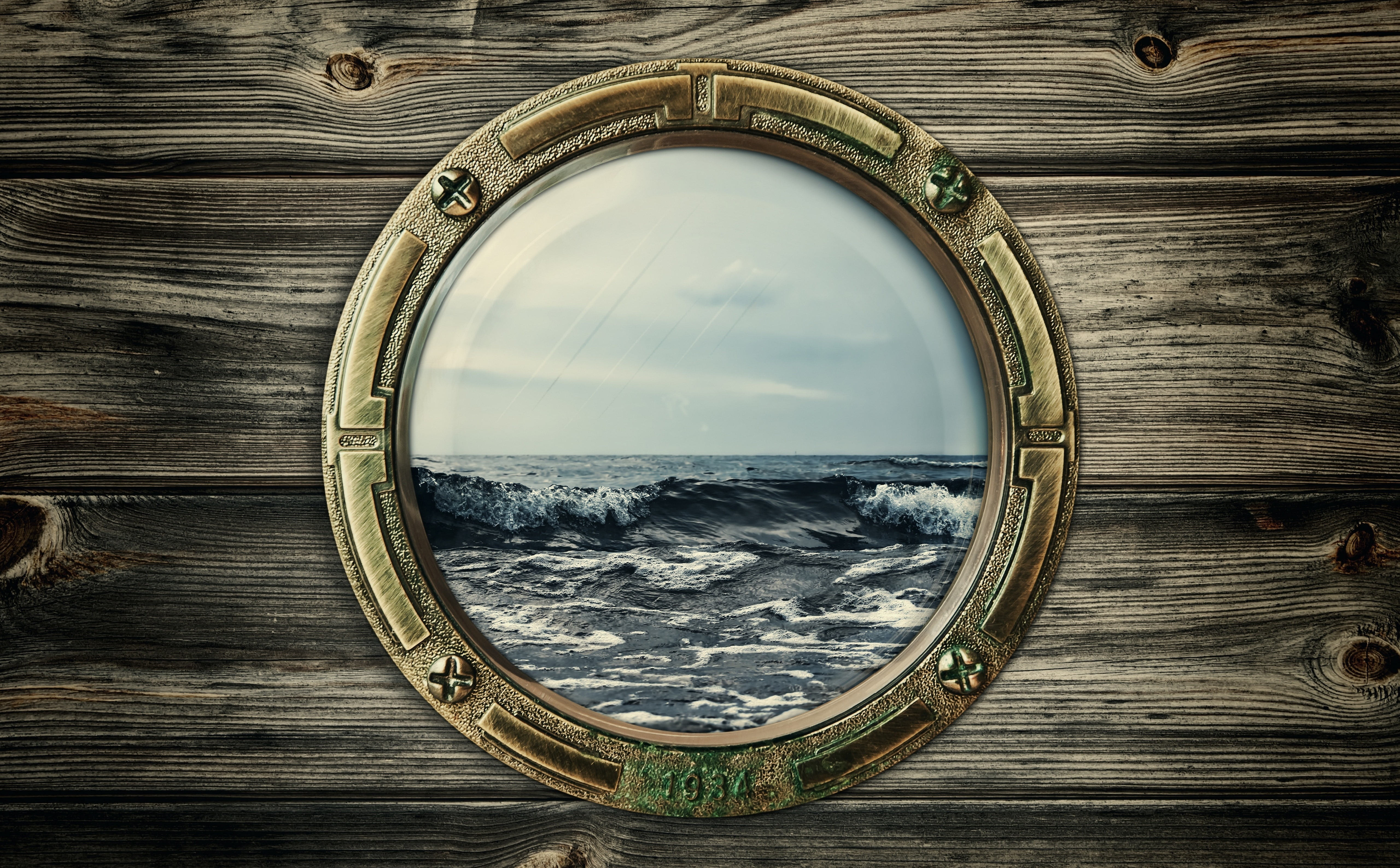 Aero, round, circle, sea, geometric shape, Window, day, nature, outdoors, Ocean, Boat, cloud - sky, Waves, hd, mirror, framed, architecture, HD Wallpaper