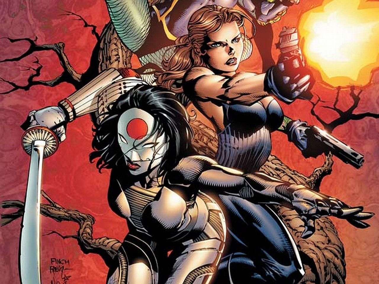 DC Comics, Black Hair, Brown Hair, Black Canary, Bodysuit, Weapon, Blue Eyes, Comics, Birds Of Prey, Mask, Gun, Starling (DC Comics), Katana (DC Comics), HD Wallpaper