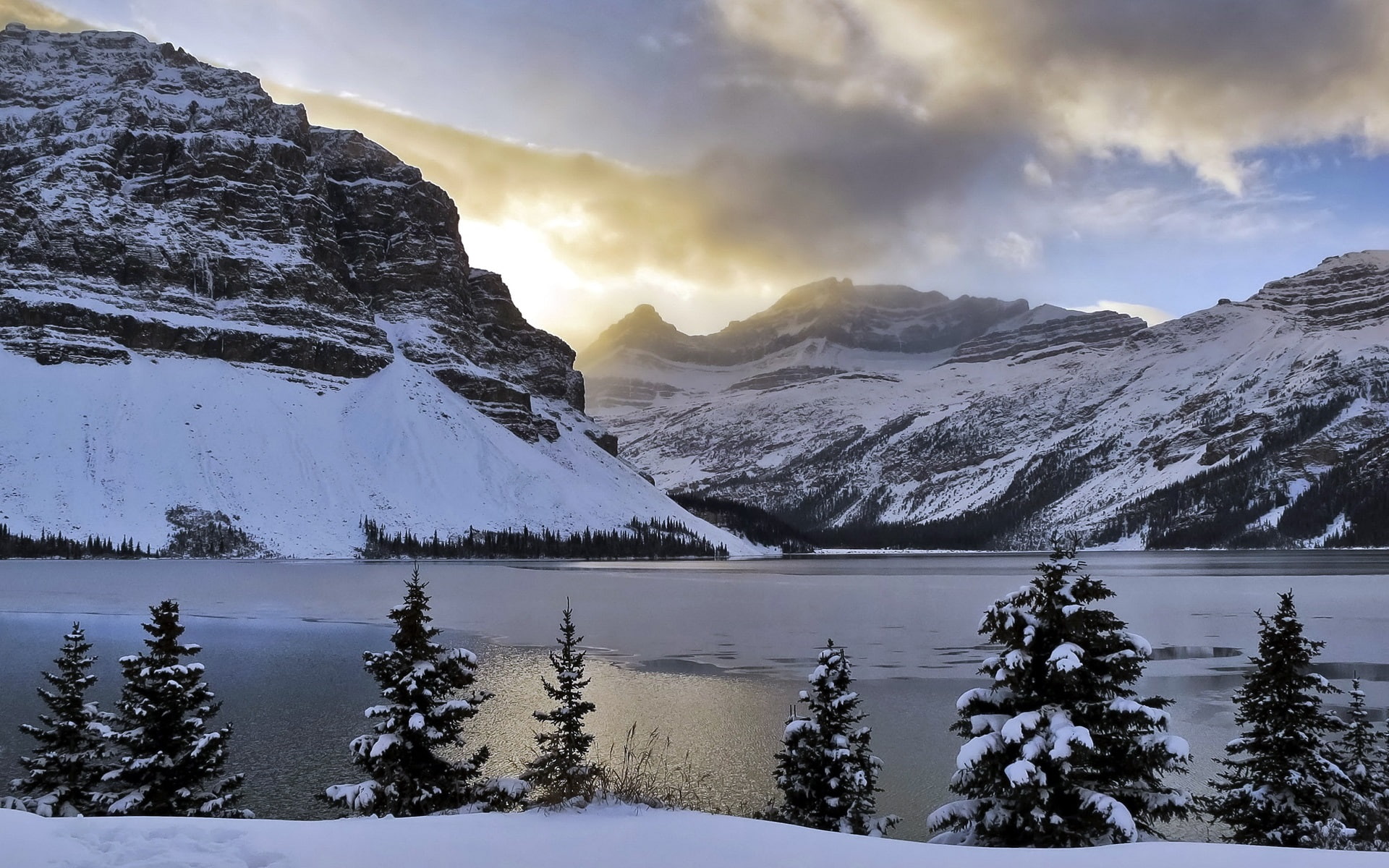 Trees, Alberta, Bow, Snow, Lake, 1080P, Canada, Mountains, Winter, HD Wallpaper