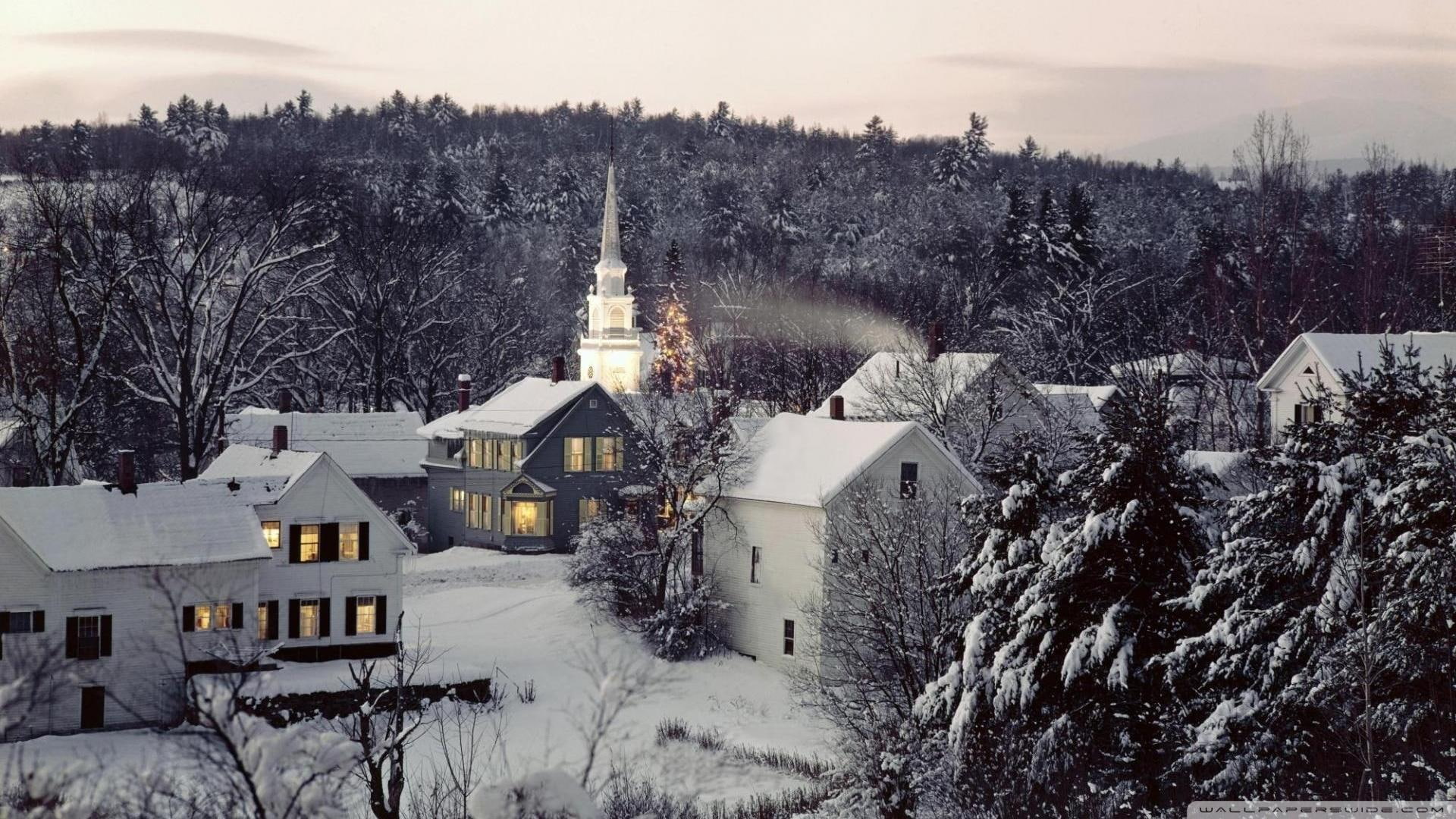 christmas tree, church, christmas, 1080P, snow, scene, winter, 3d and abstract, lights, houses, village, HD Wallpaper